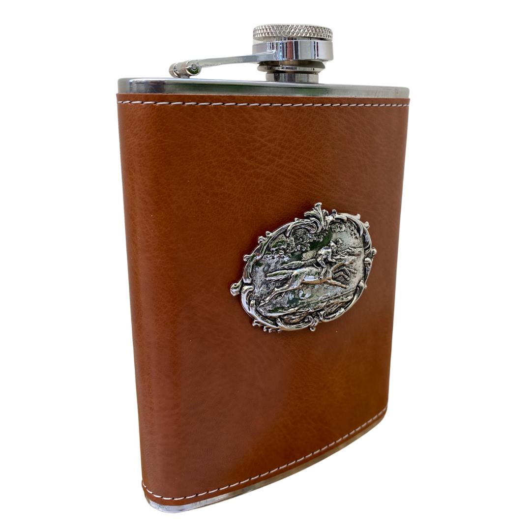 Brown Leather Flask, Silver Horse Racing Medallion, Racehorse Fan Gift