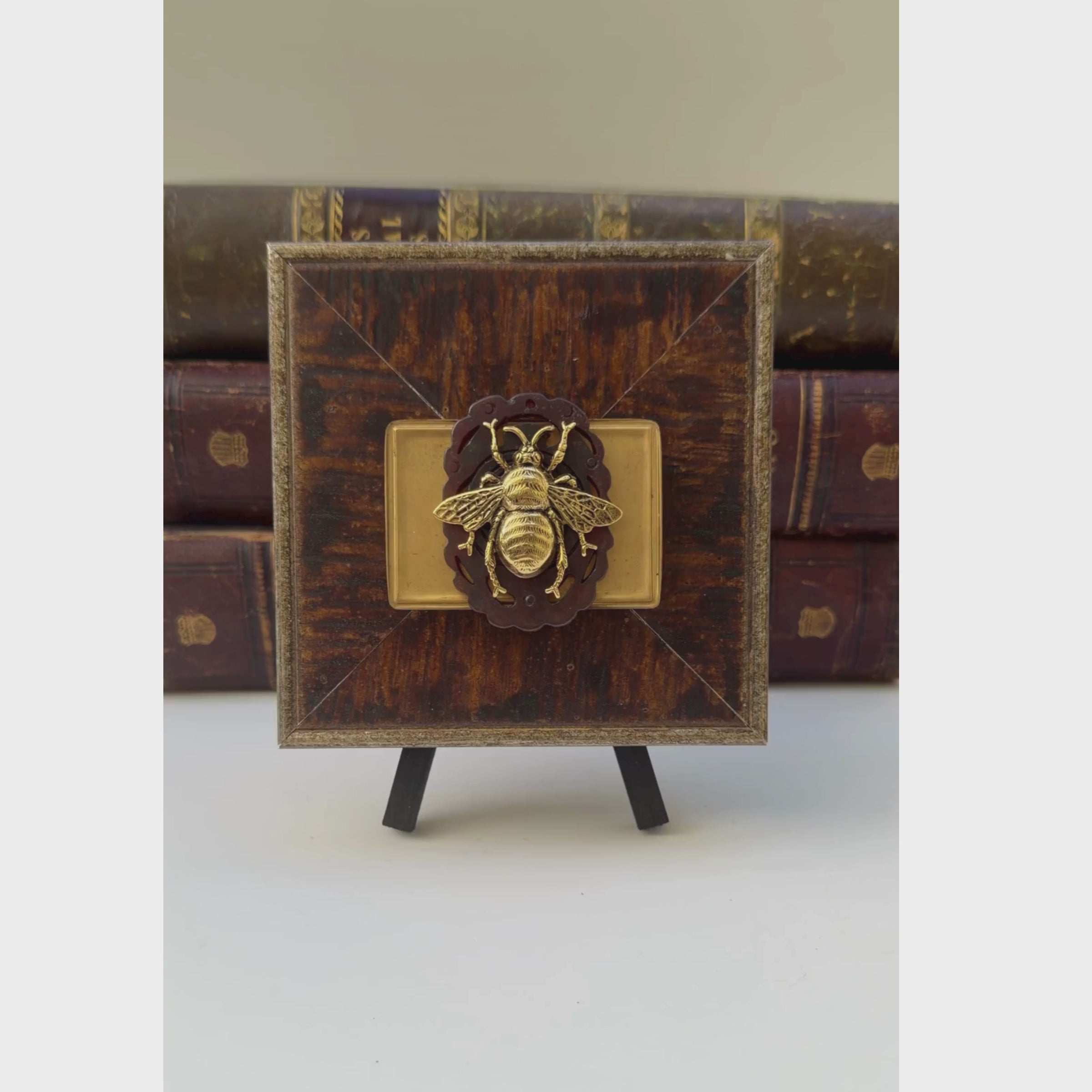 Large Wooden Art with Gold Bee and Jade