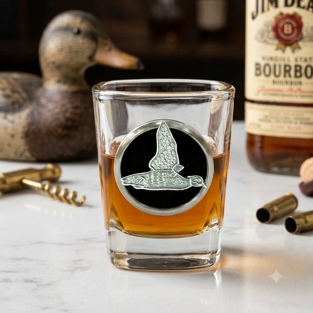 Shot glass featuring a silver medallion with black enamel and a silver duck.  This is a great gift for a duck hunter or duck lover.