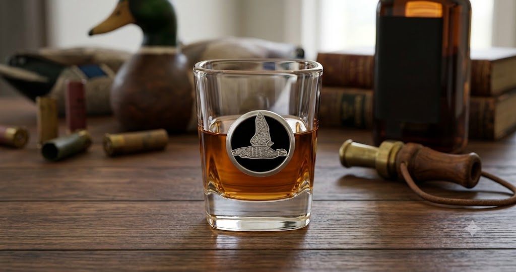 Shot glass featuring a silver medallion with black enamel and a silver duck.  This is a great gift for a duck hunter or duck lover.