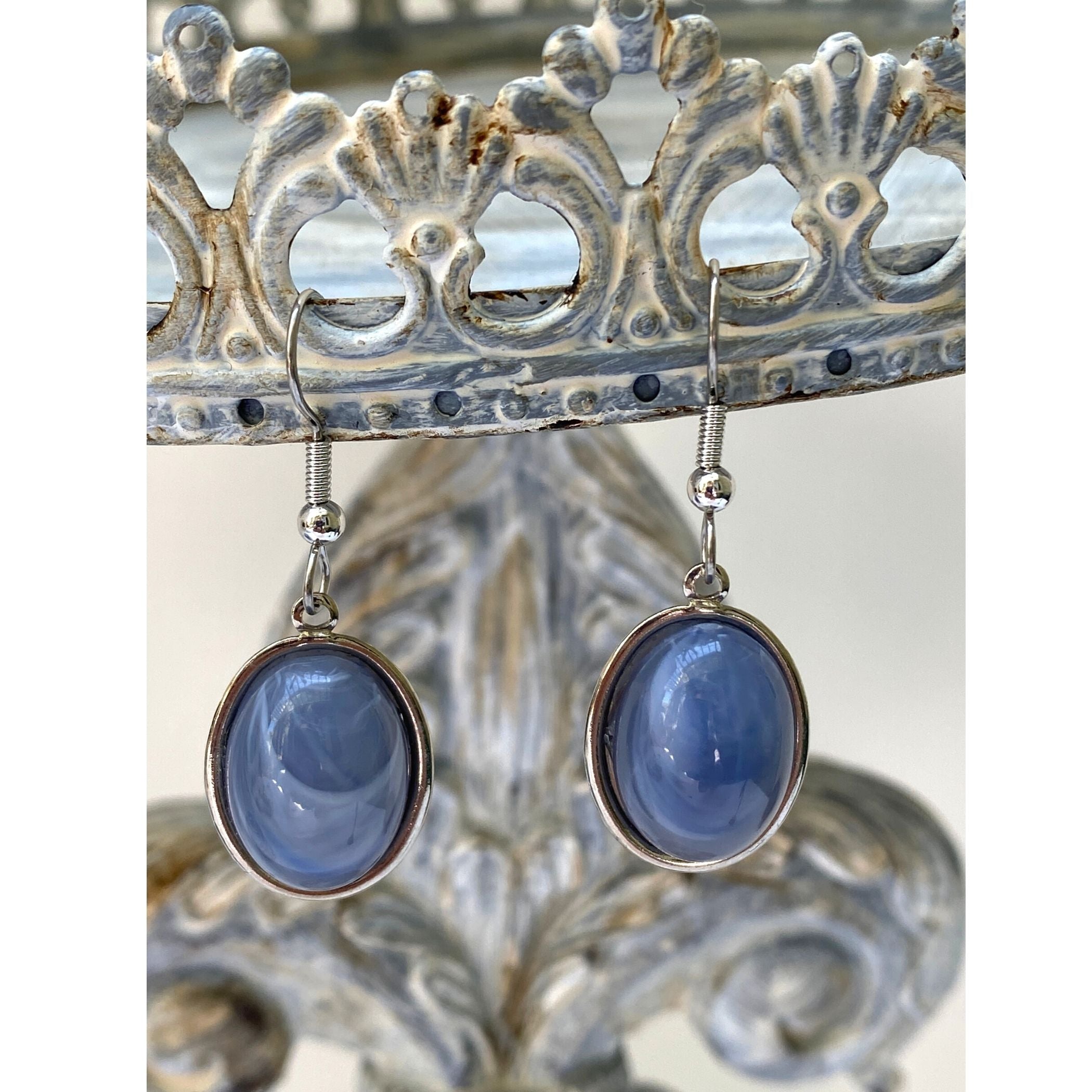 Silver Earrings, Blue Oval Cabochon