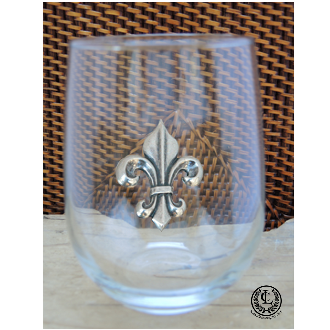 Stemless  Glass, Silver Fleur de Lis