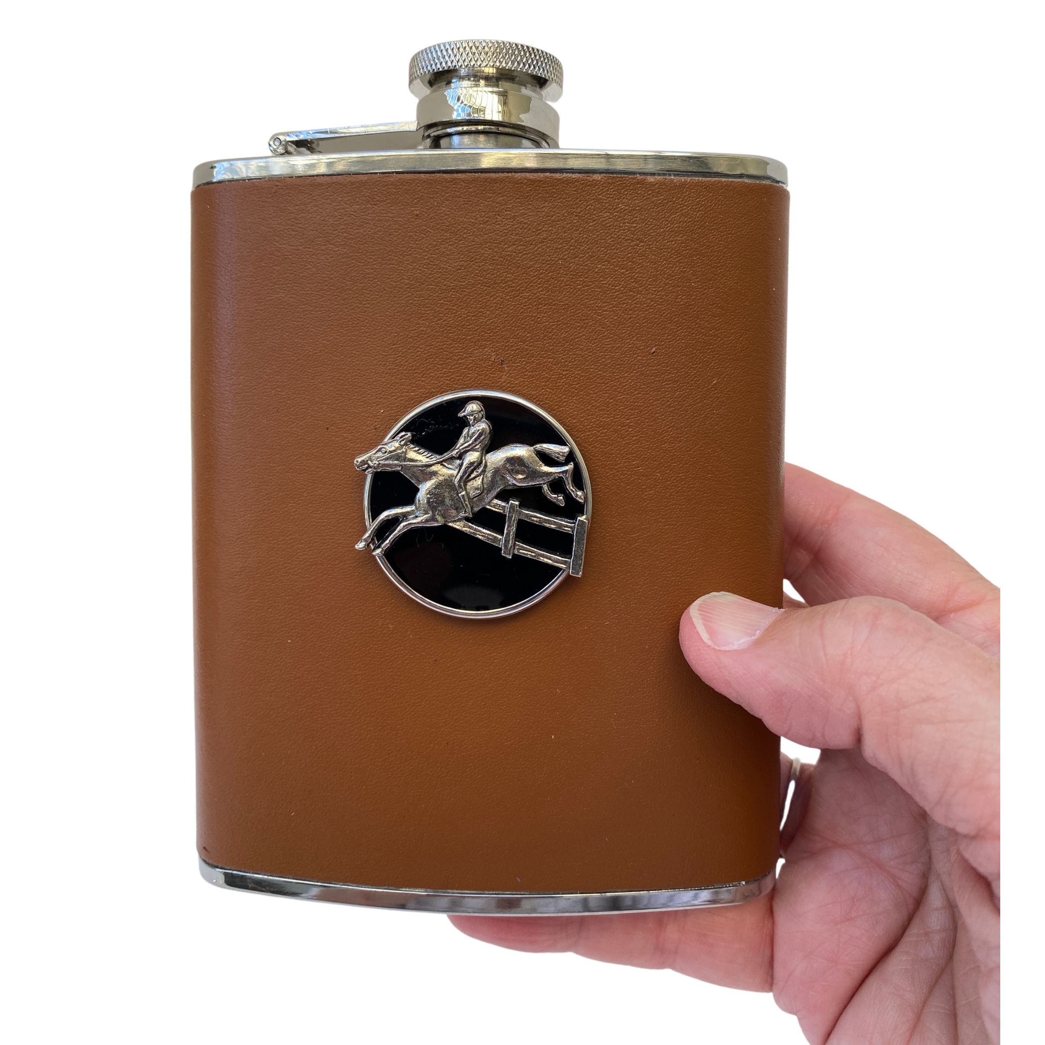 Leather Flask, Silver Hunter Jumper Medallion