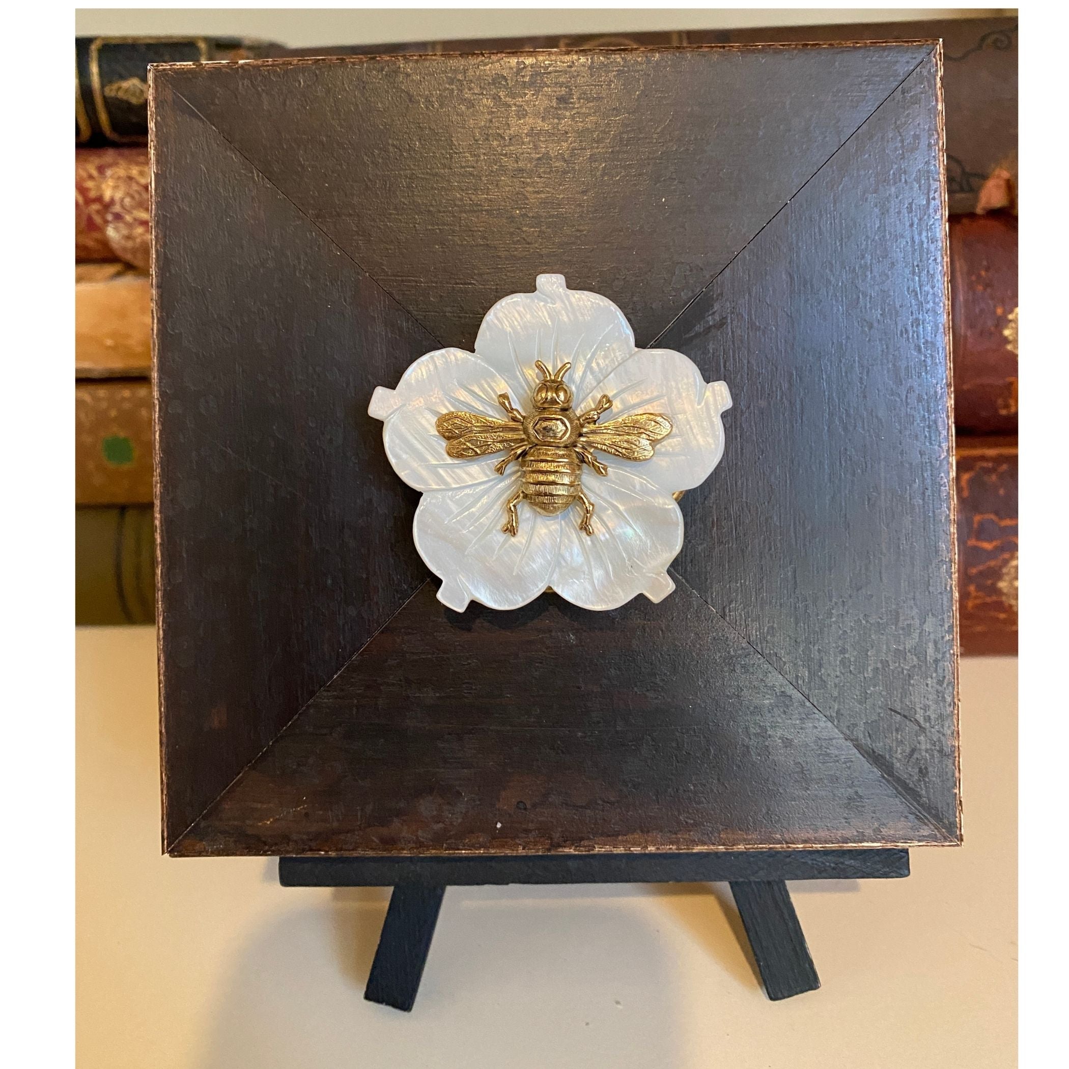 Bee Wooden Art, White Mother of Pearl Flower, Gold Bee