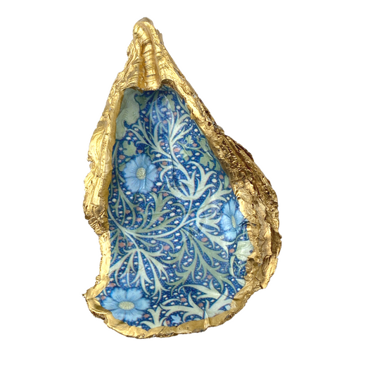 Oyster Shell Art, Vintage William Morris Design, Blue Cornflower, Handcrafted Home Decor