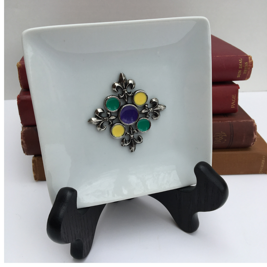Trinket Tray, Porcelain Dish,  Mardi Gras Gift, Fleur de lis