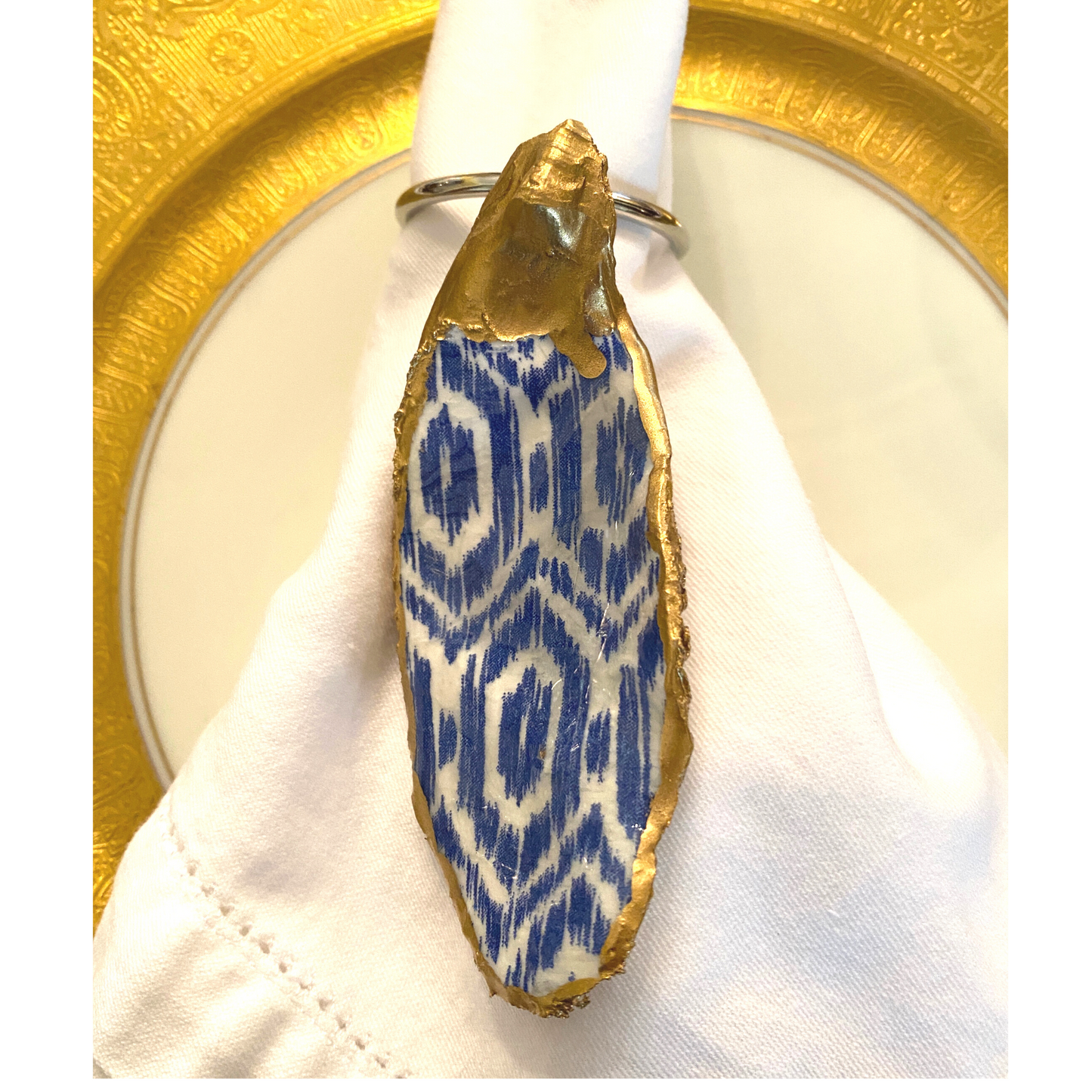 Napkin Ring  Oyster Shell Blue Ikat Design