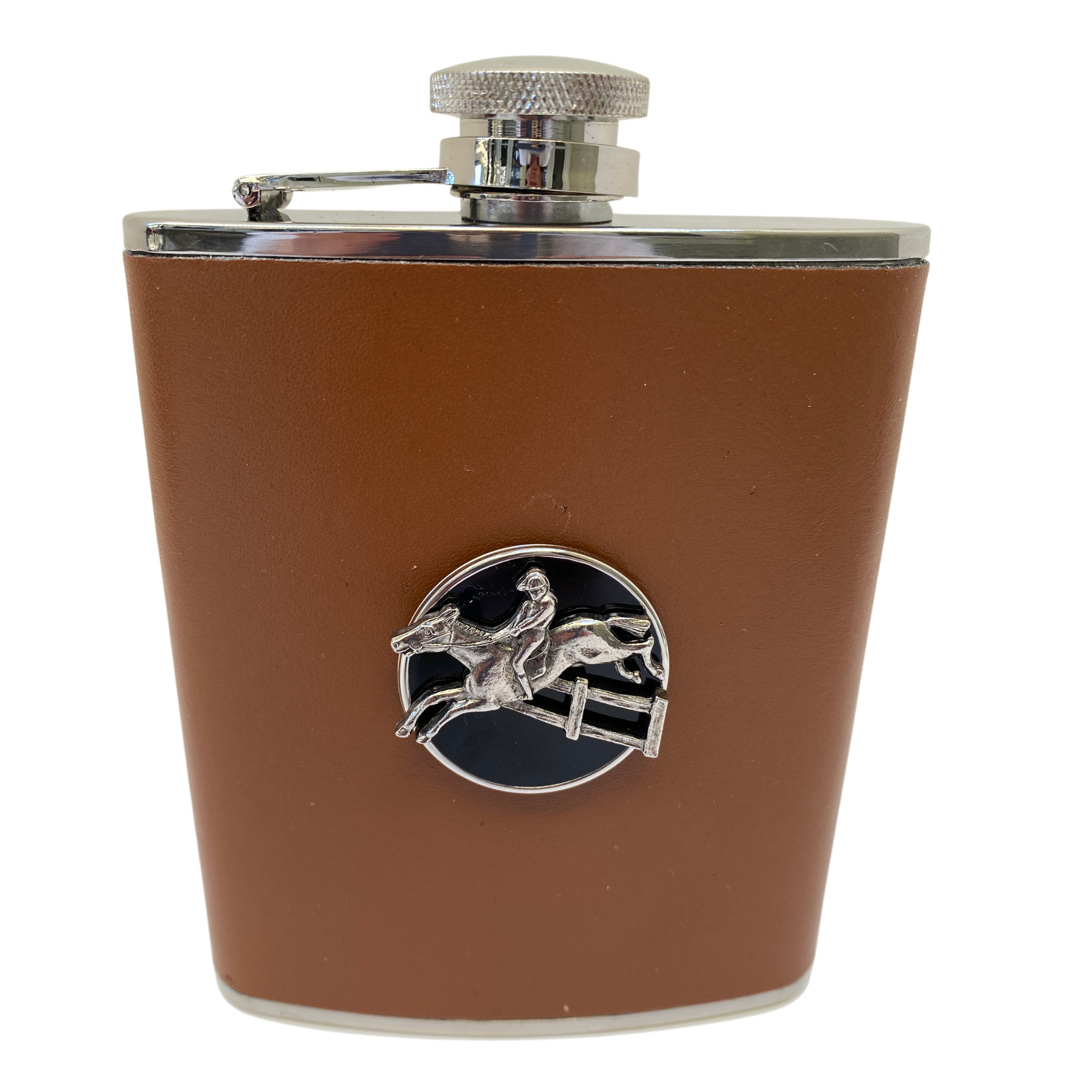 Leather Flask, Silver Hunter Jumper Medallion