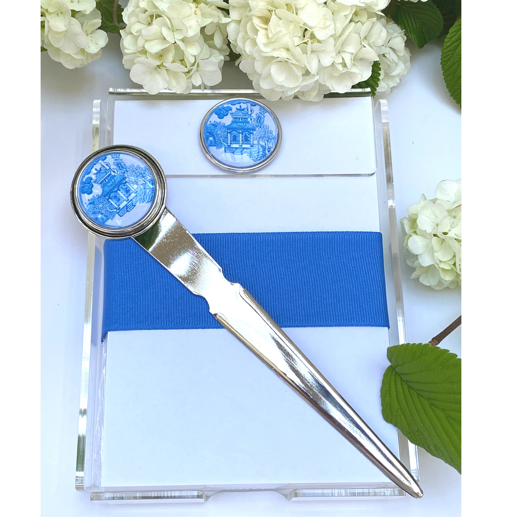 Letter Opener, Silver, Blue and White Chinoiserie Design