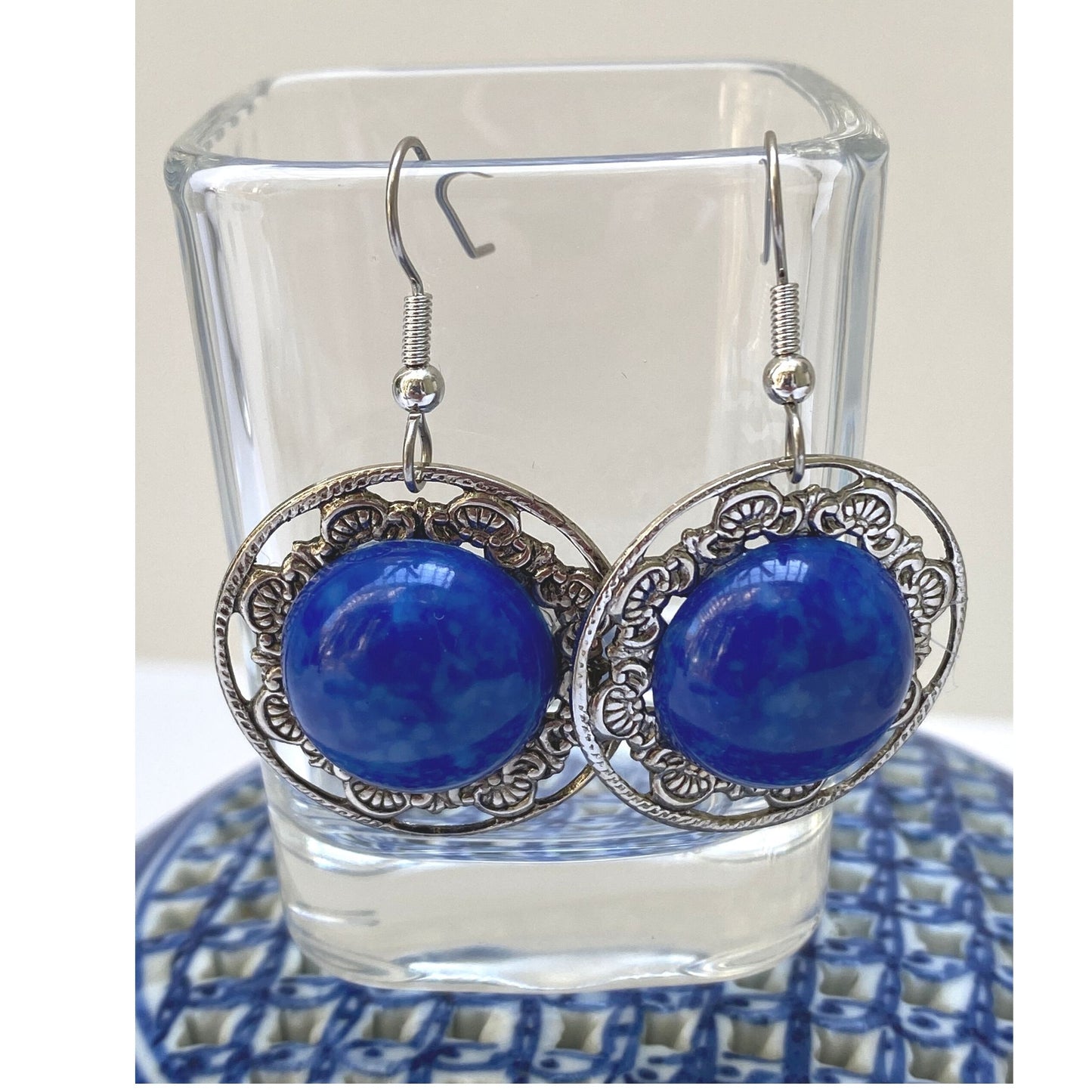 Earrings Silver Lace | Faux Blue Lapis Cabochon