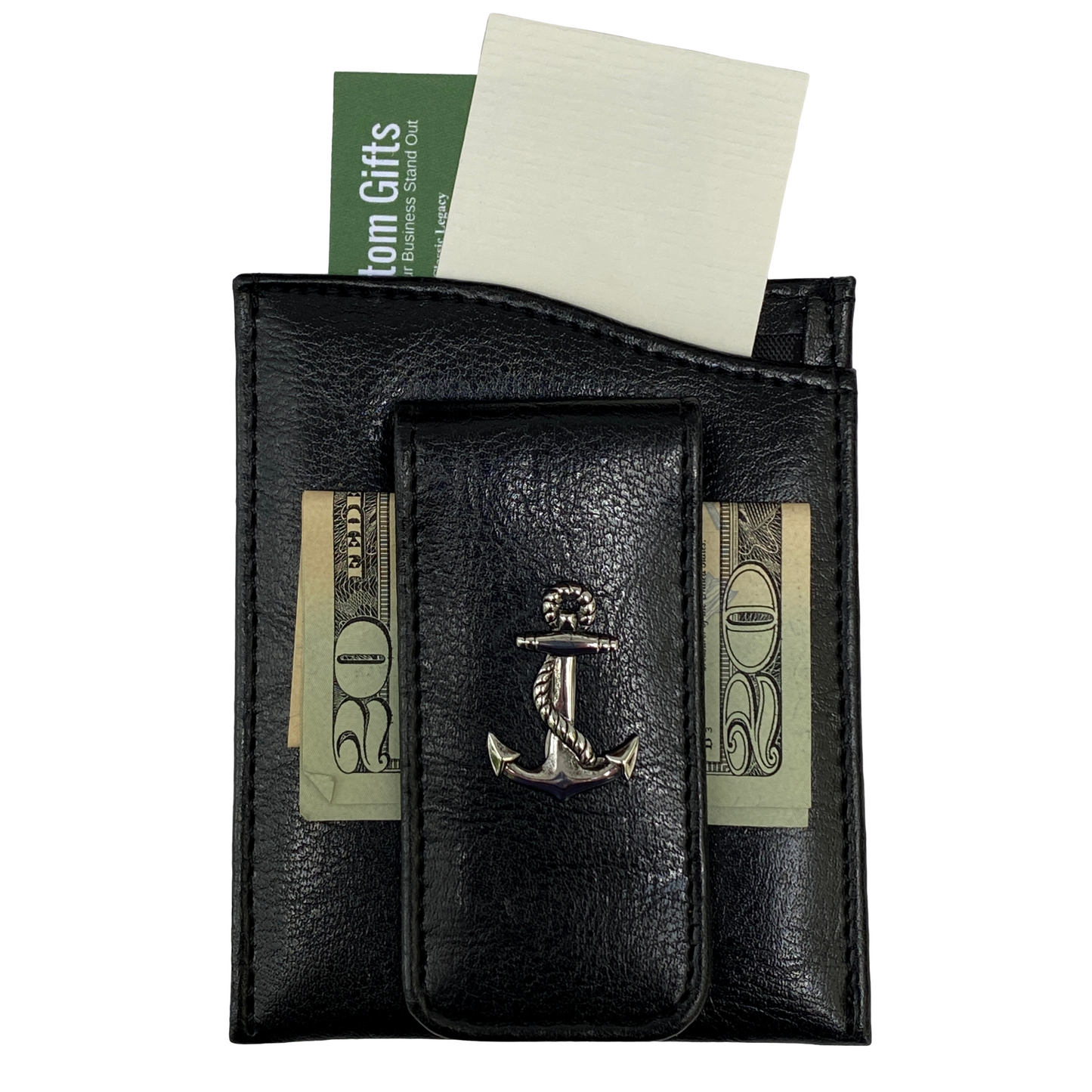 Money Clip, Anchor, Black Faux Leather, Gift for Him