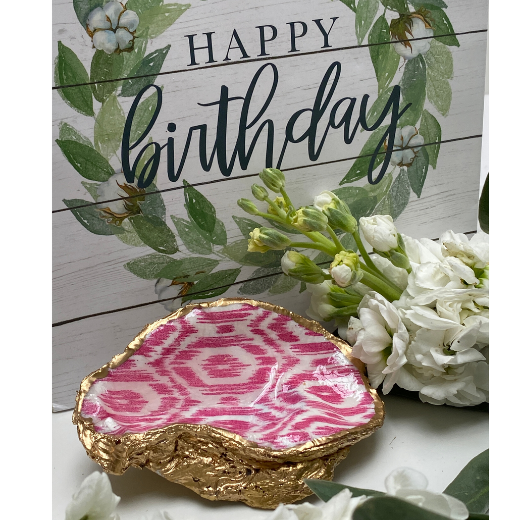 Oyster Shell Jewelry Dish, Pink Ikat Design, Gold Leaf Edges, Hand-made