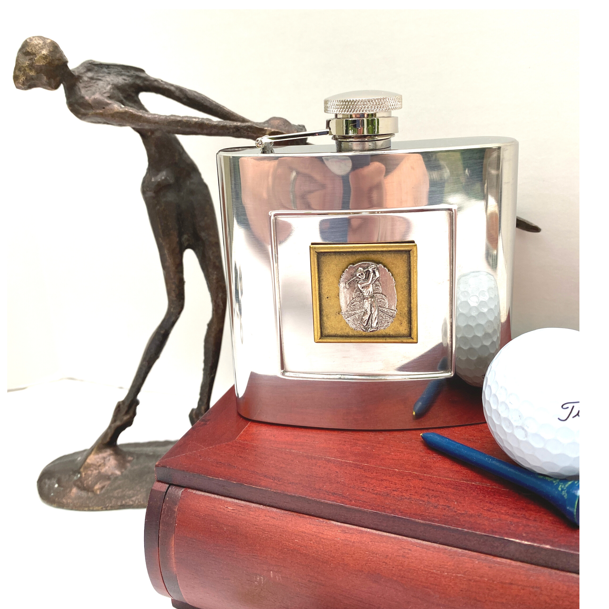 Silver Flask, Golf Theme, Vintage Medallion