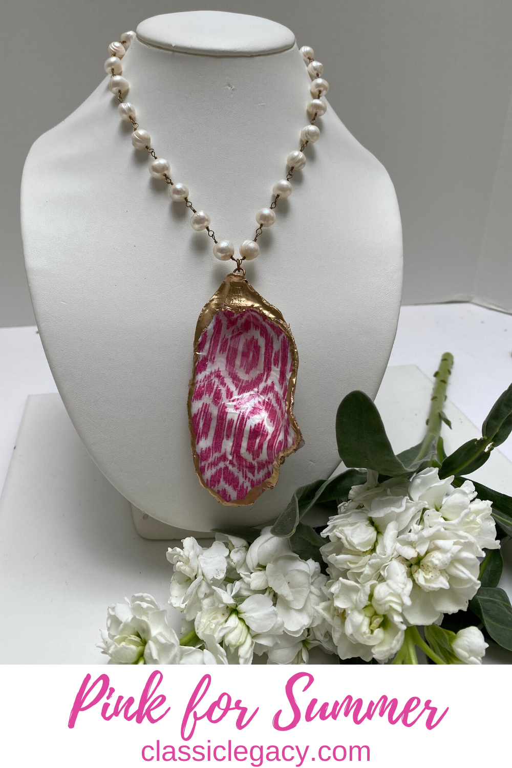 Oyster Shell Necklace, Pink ikat