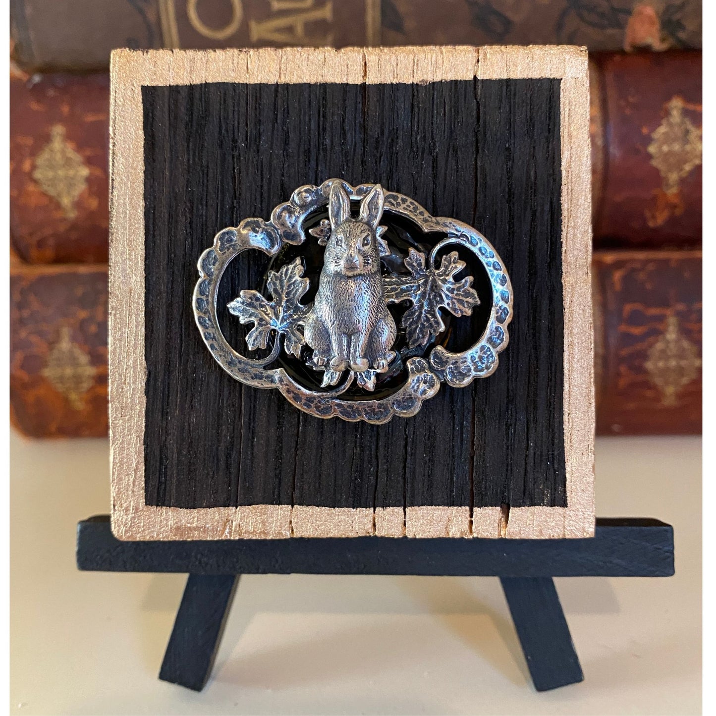 Bunny Gift, Bunny Wooden Art, Handcrafted, Silver Medallions, Whiskey Barrel Wood