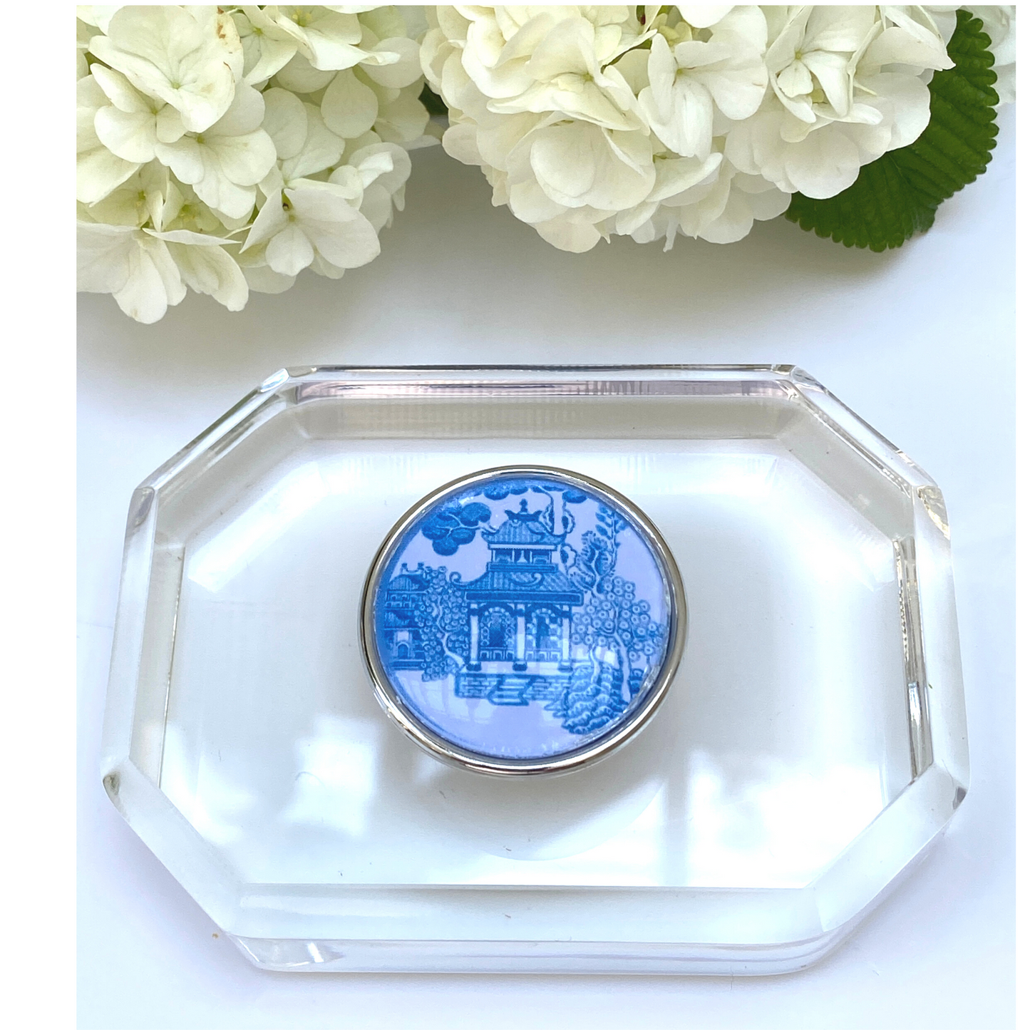 Paperweight, Acrylic, Blue and White Chinoiserie Design