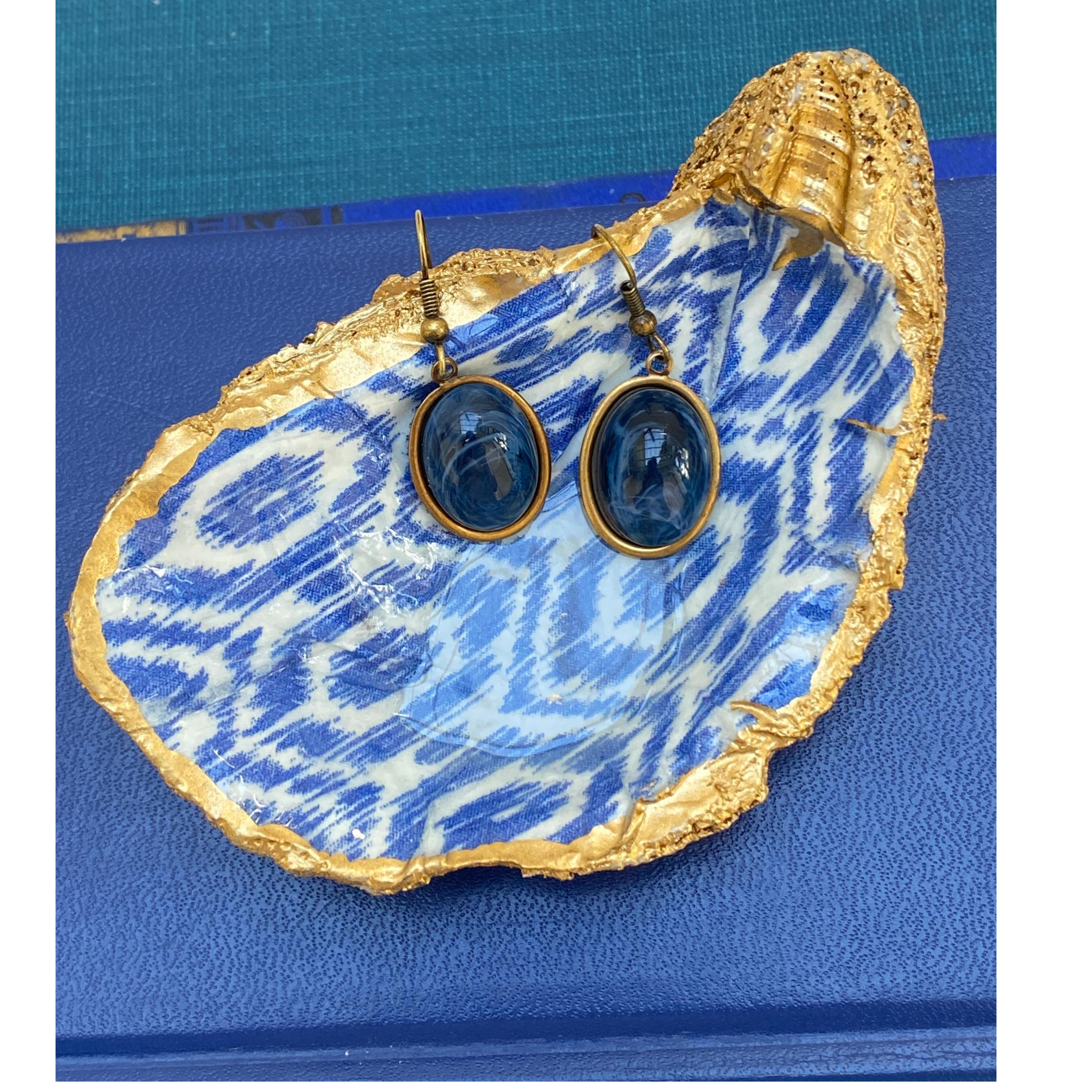 Earrings,  Faux Blue Lapis,  Antique Gold Setting, Handmade in USA