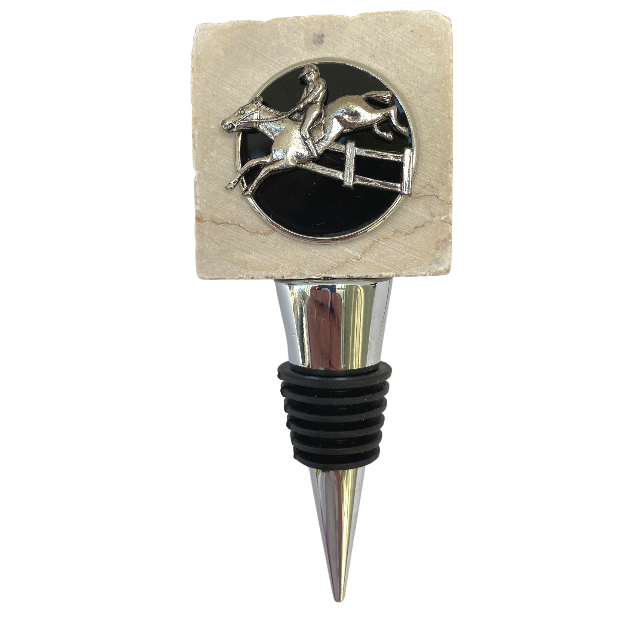 Marble Bottle Stopper, Equestrian Gift, Silver Hunter Jumper Black Enamel, Horse Lover Gift