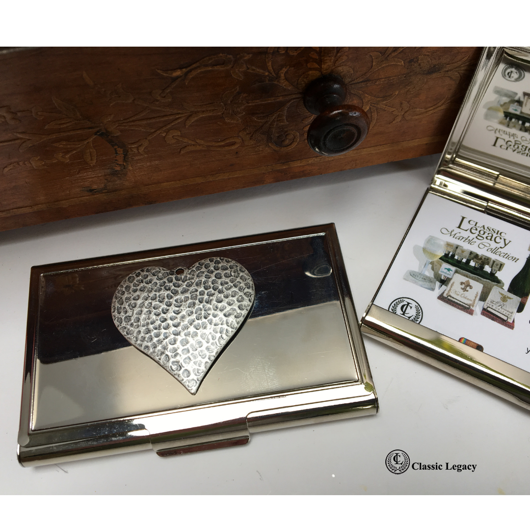 Business Card Holder, Silver Hammered Heart Embellishment