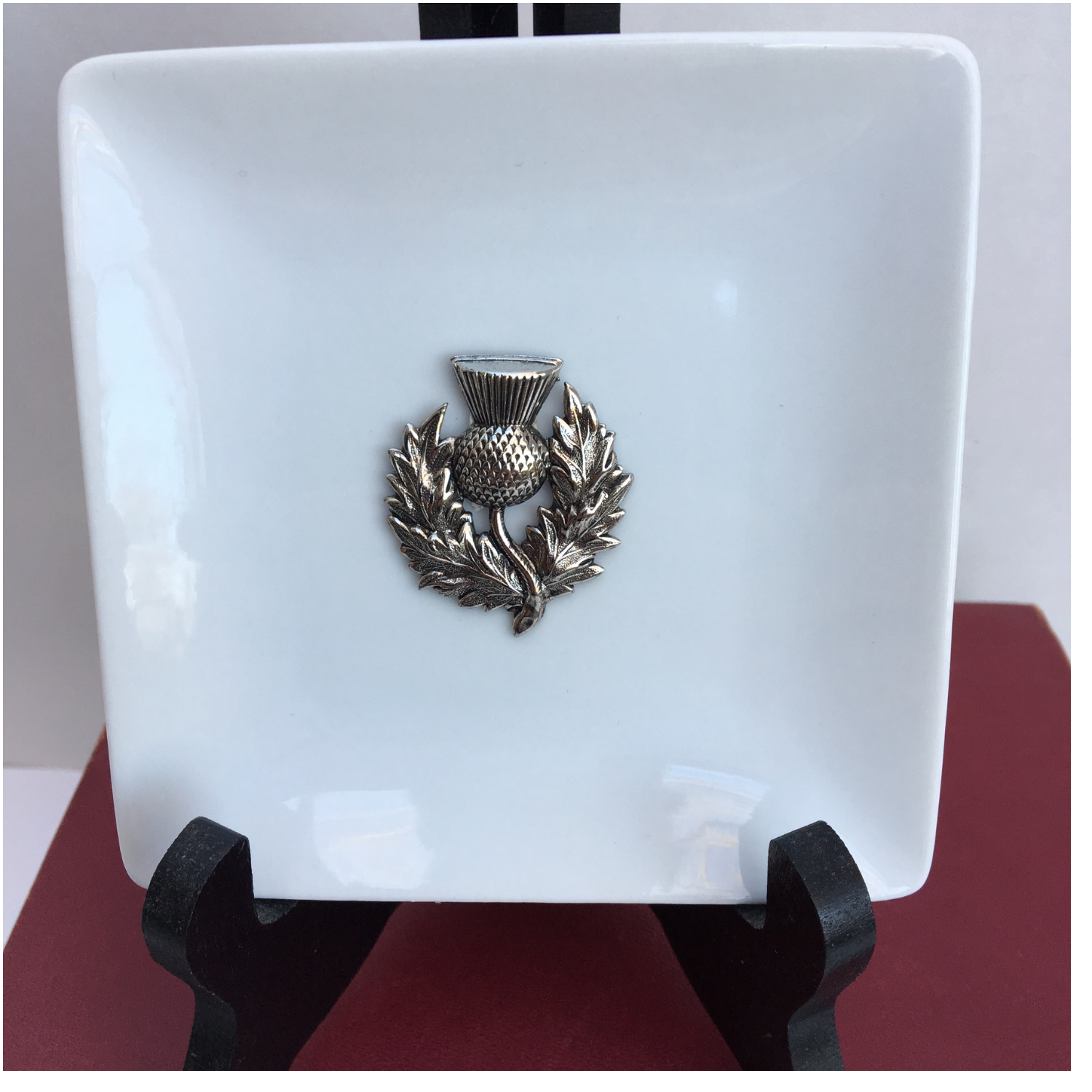 Trinket Tray, White Porcelain Dish,  Silver Thistle Medallion