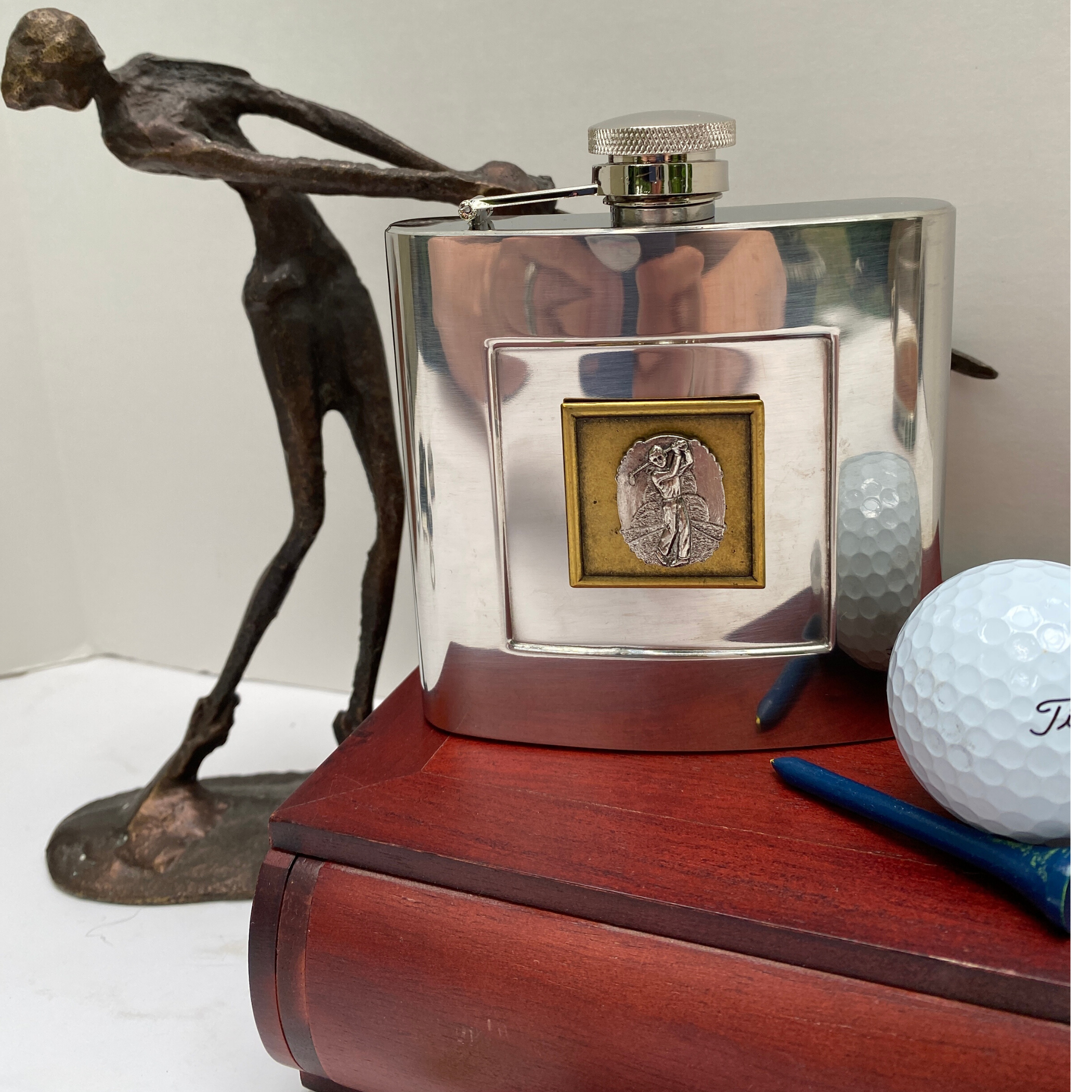 Silver Flask, Golf Theme, Vintage Medallion