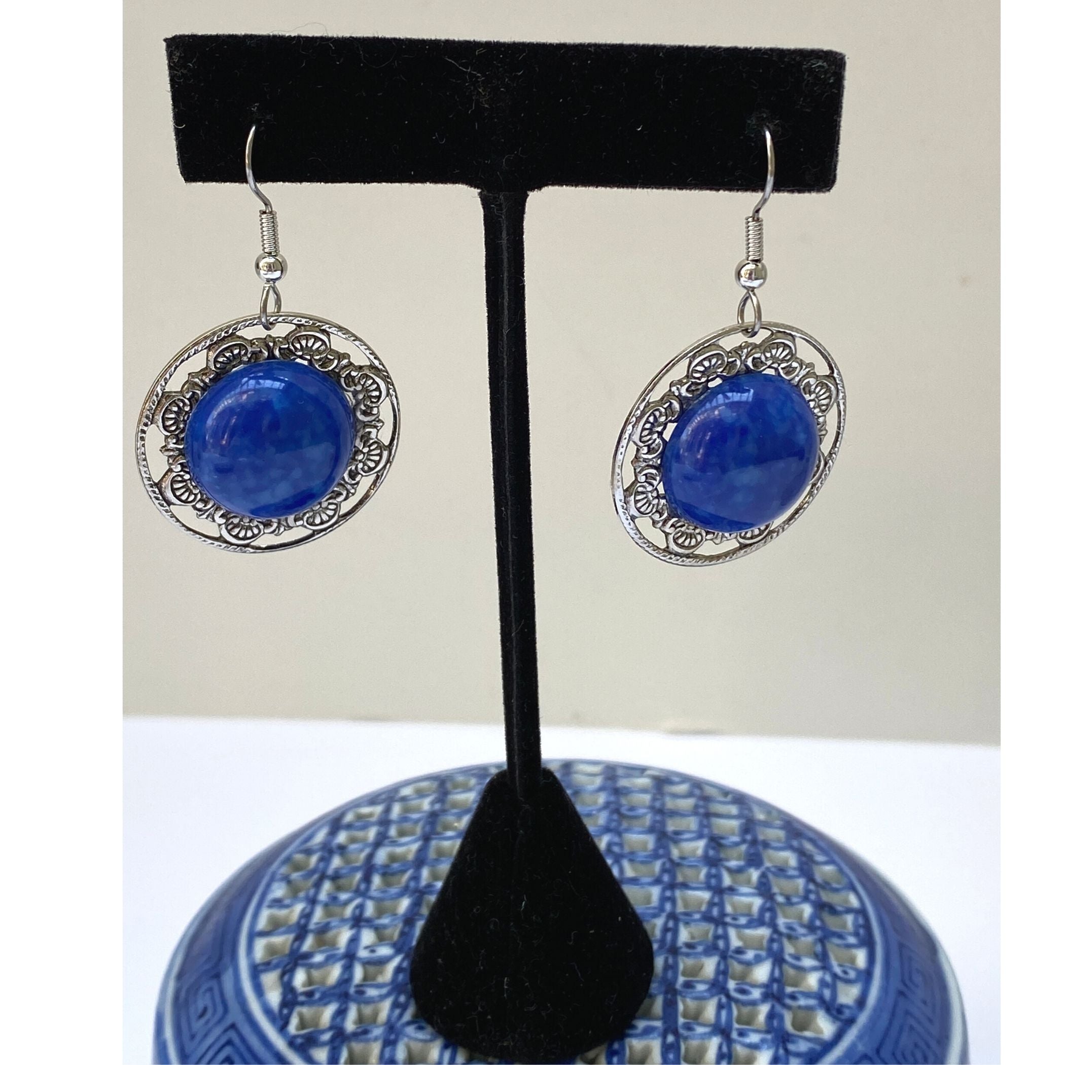 Earrings Silver Lace | Faux Blue Lapis Cabochon