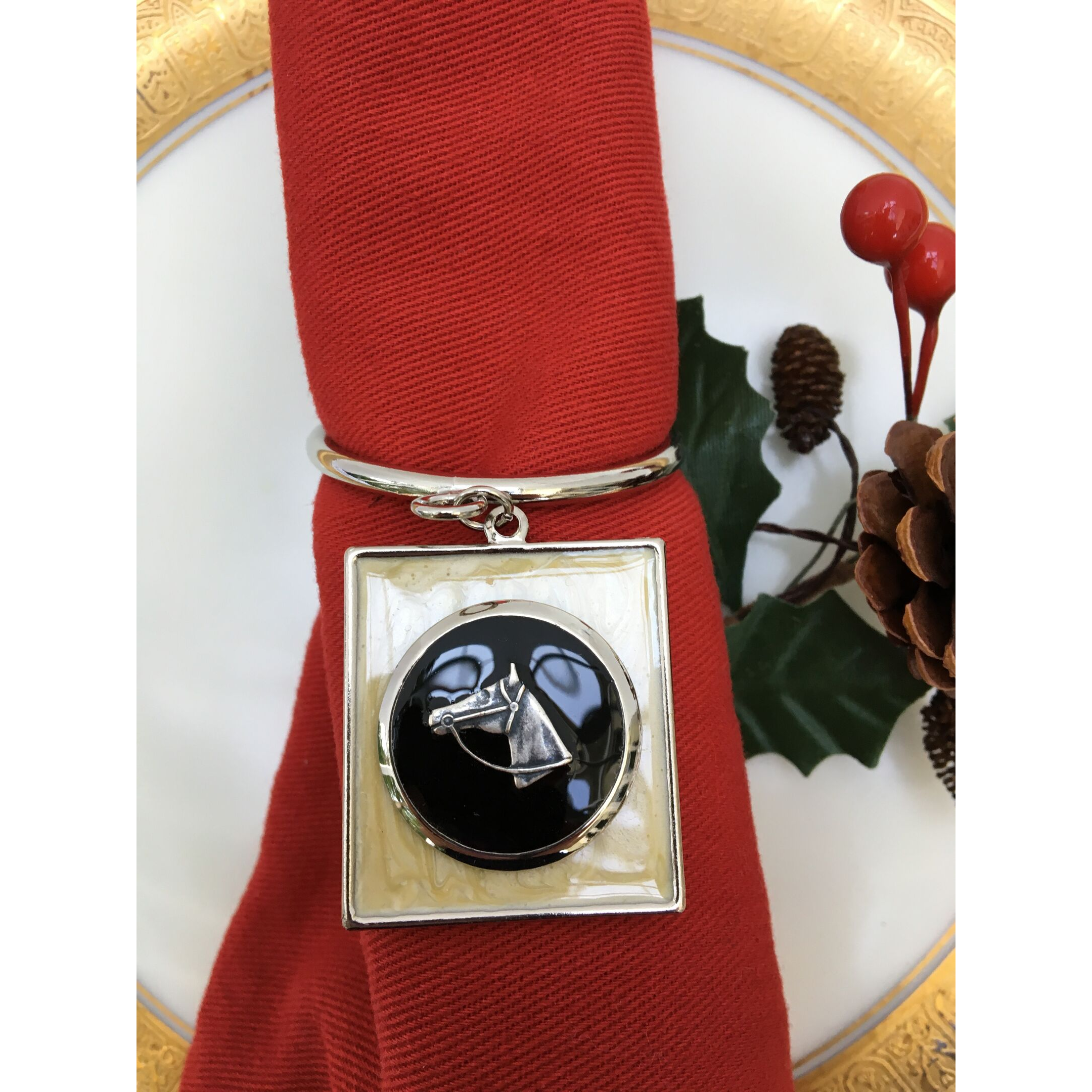 Napkin Ring Equestrian Horse Head Pearl Black Enamel