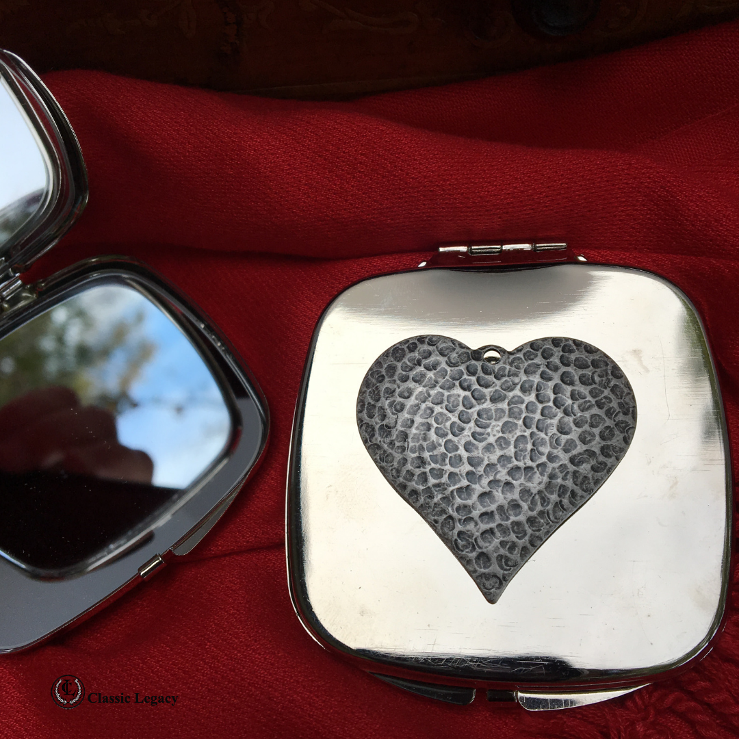Purse Mirror, Silver, Hammered Heart