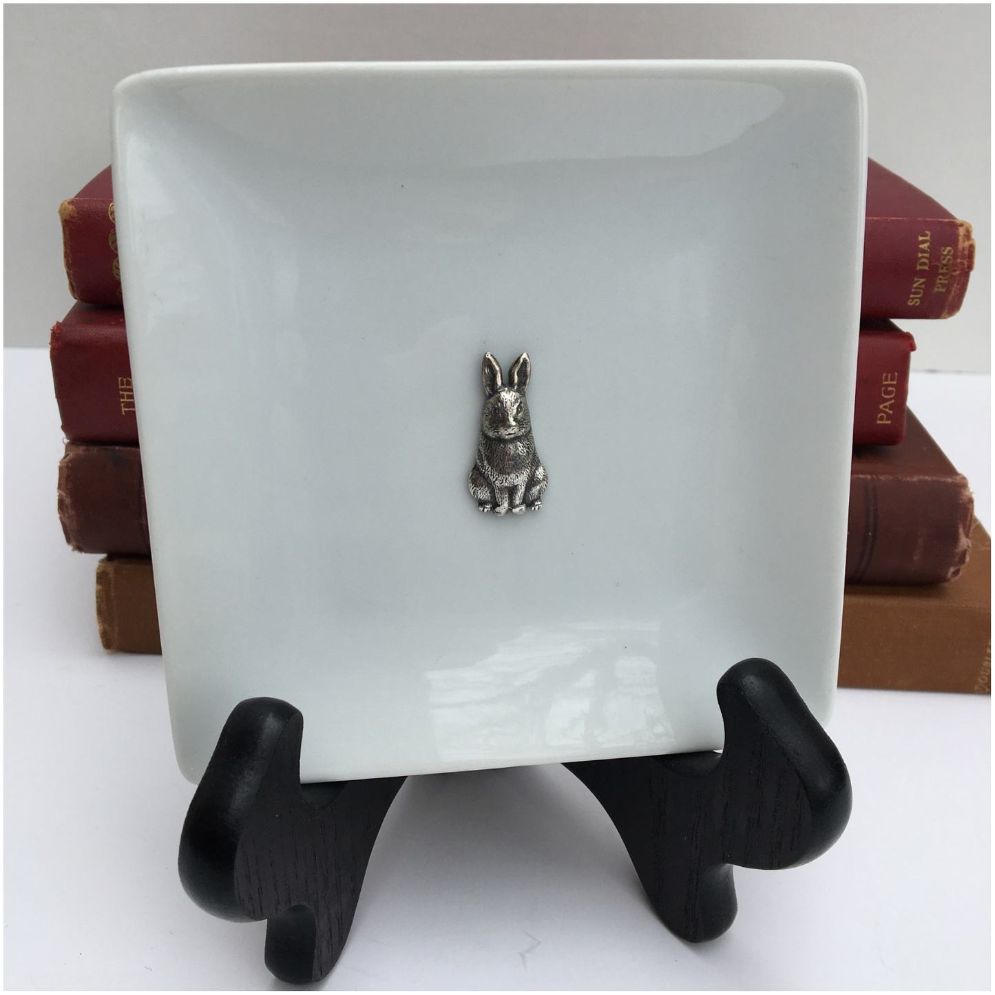 Bunny Gift, Trinket Tray, White Porcelain Dish, Silver Bunny