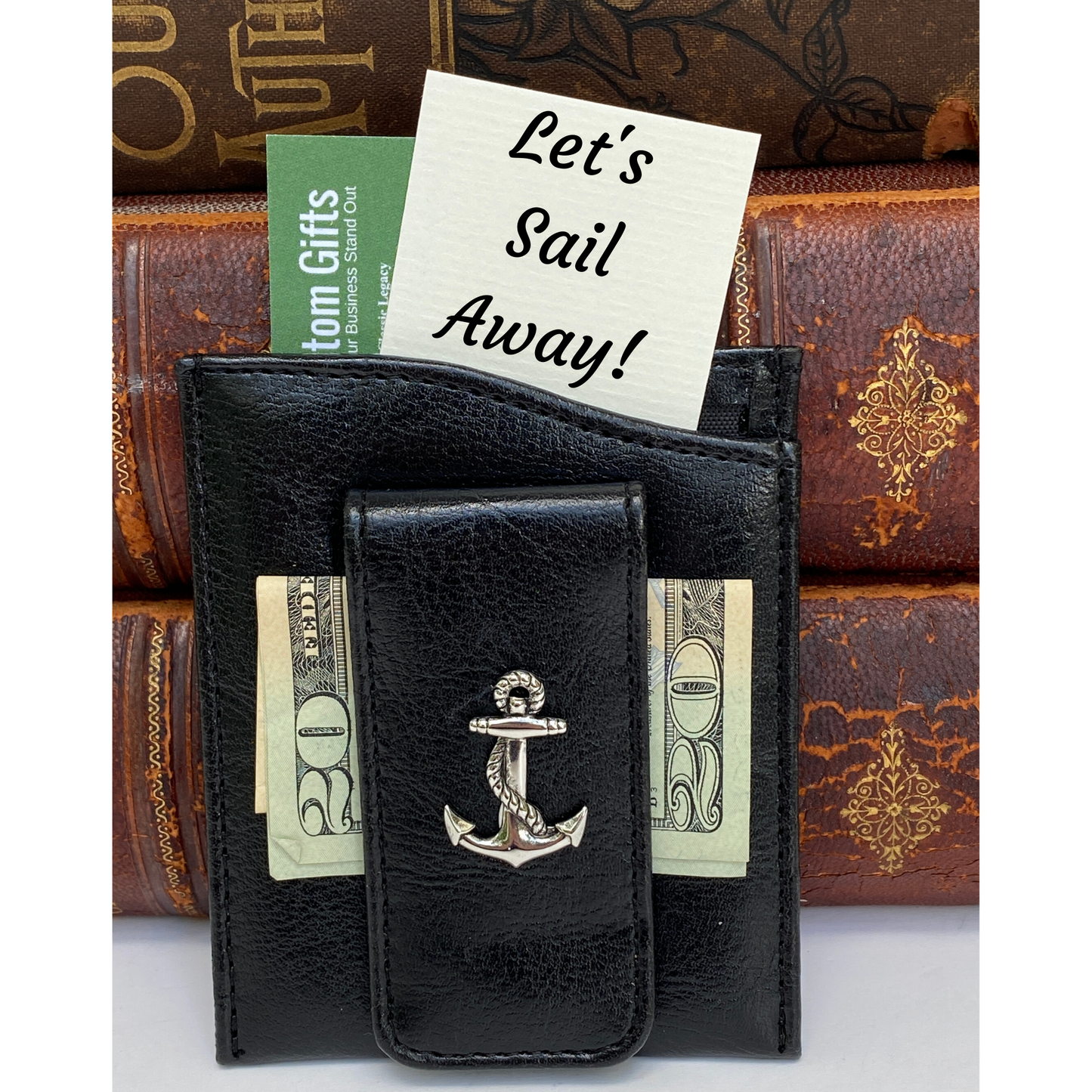 Money Clip, Anchor, Black Faux Leather, Gift for Him