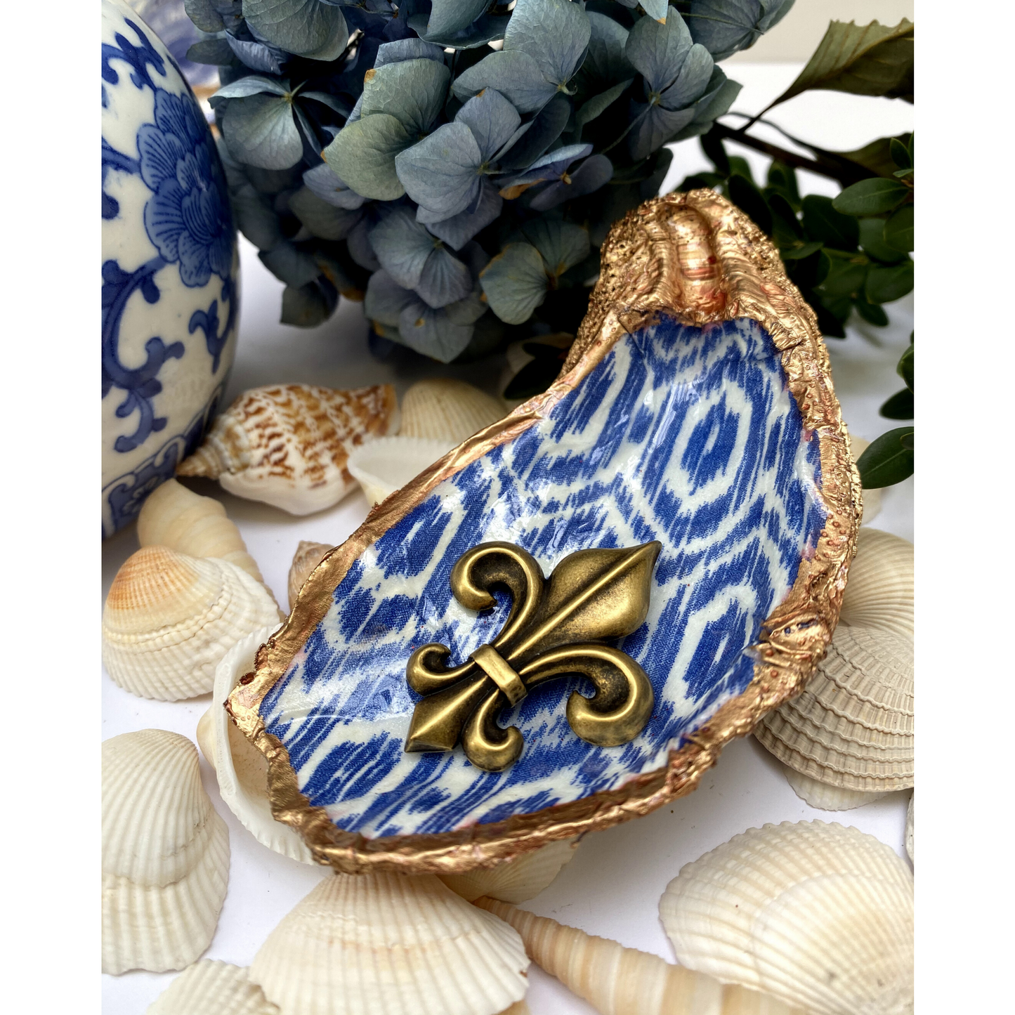 Oyster Shell Art, Blue Ikat