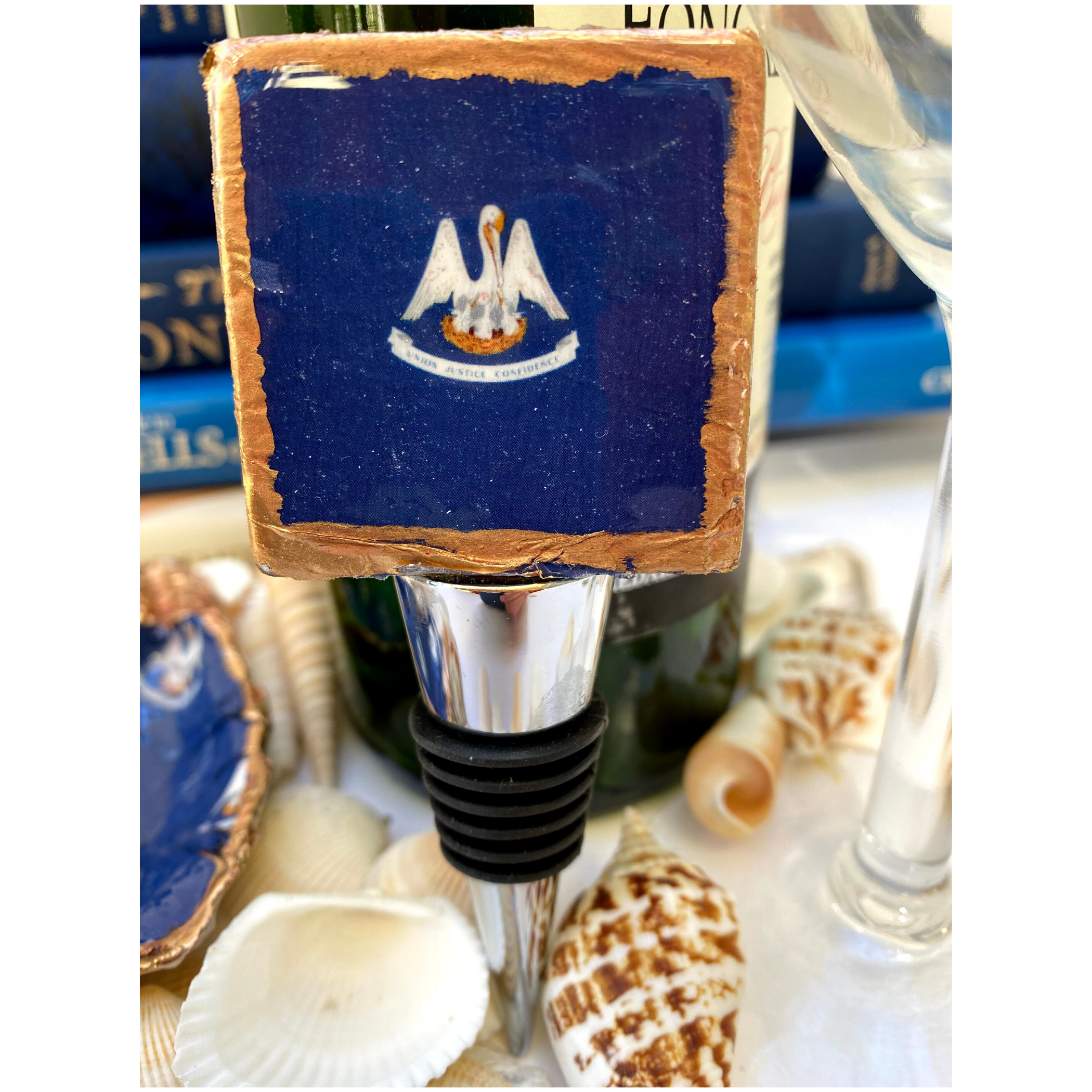 Bottle Stopper,  Marble Bottle Stopper,  Blue White Pelican State Flag of Louisiana, Louisiana Gift