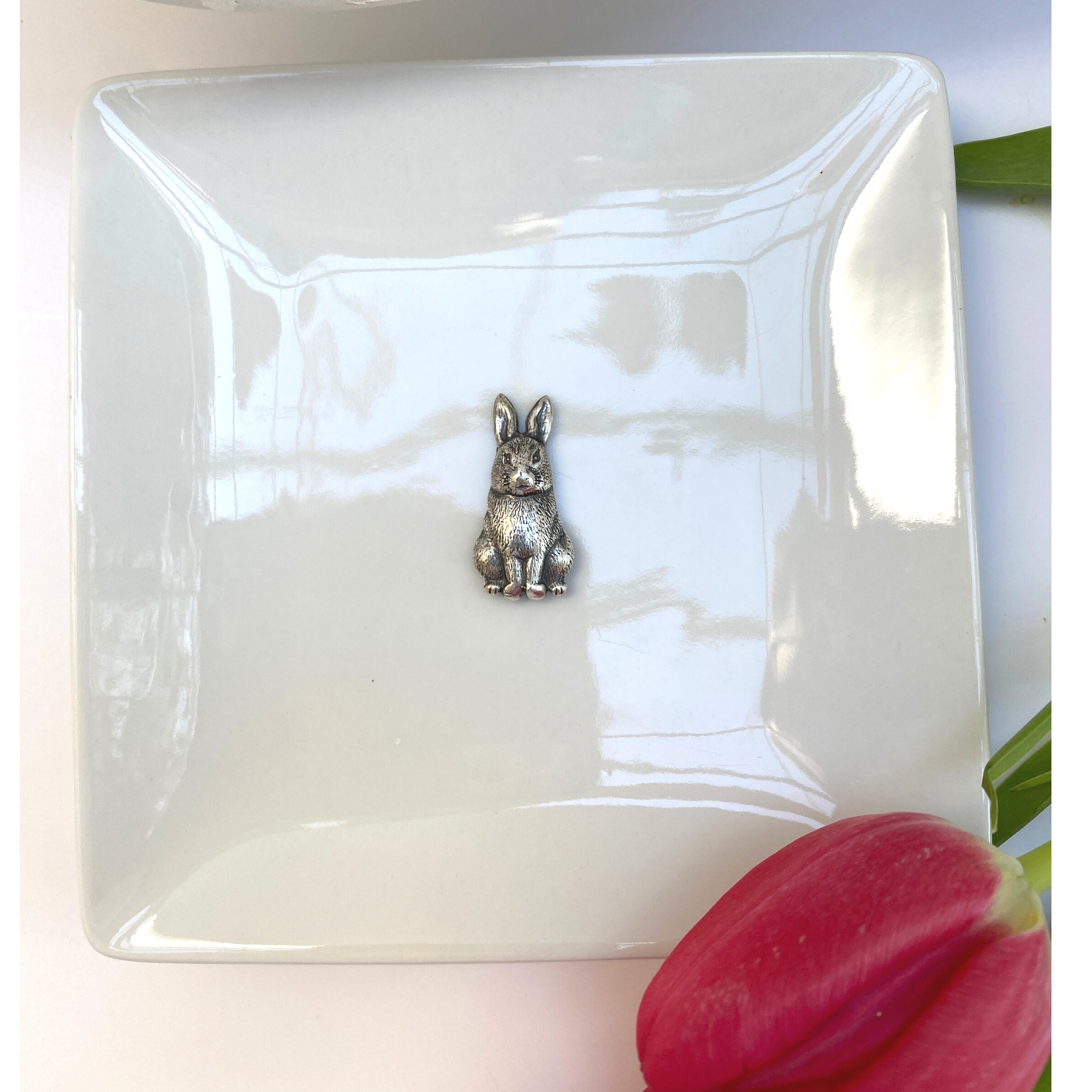 Bunny Gift, Trinket Tray, White Porcelain Dish, Silver Bunny