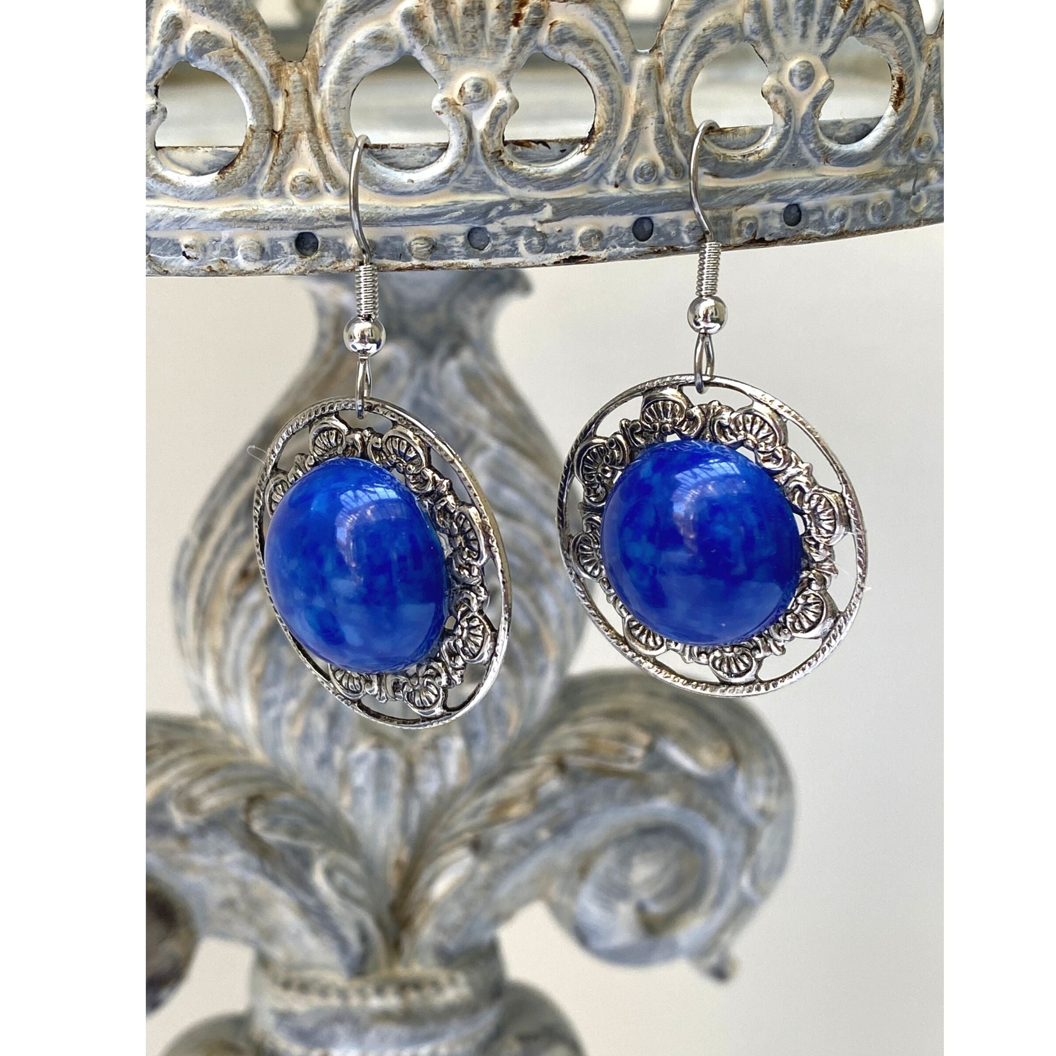 Earrings Silver Lace | Faux Blue Lapis Cabochon