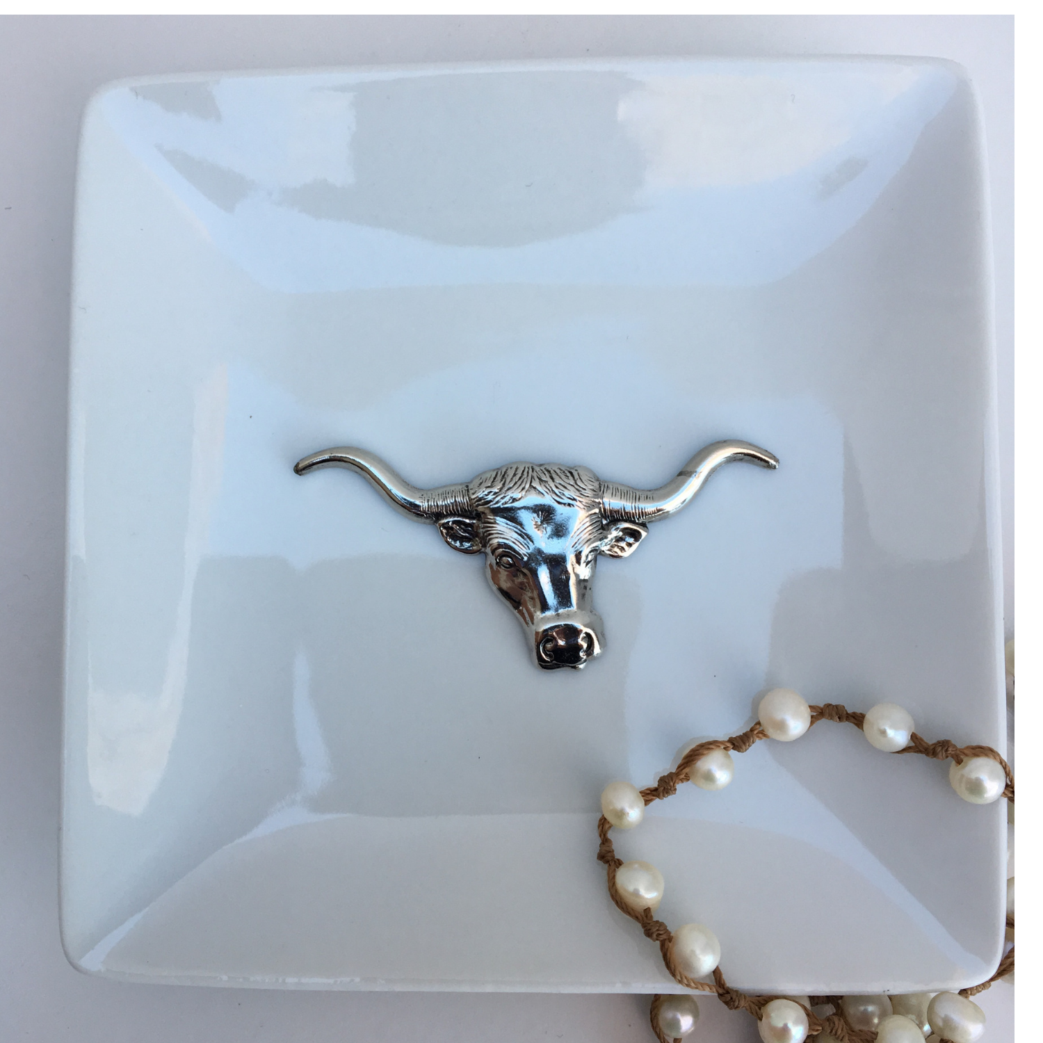 Trinket Tray, White Porcelain Dish,  Silver Longhorn Medallion