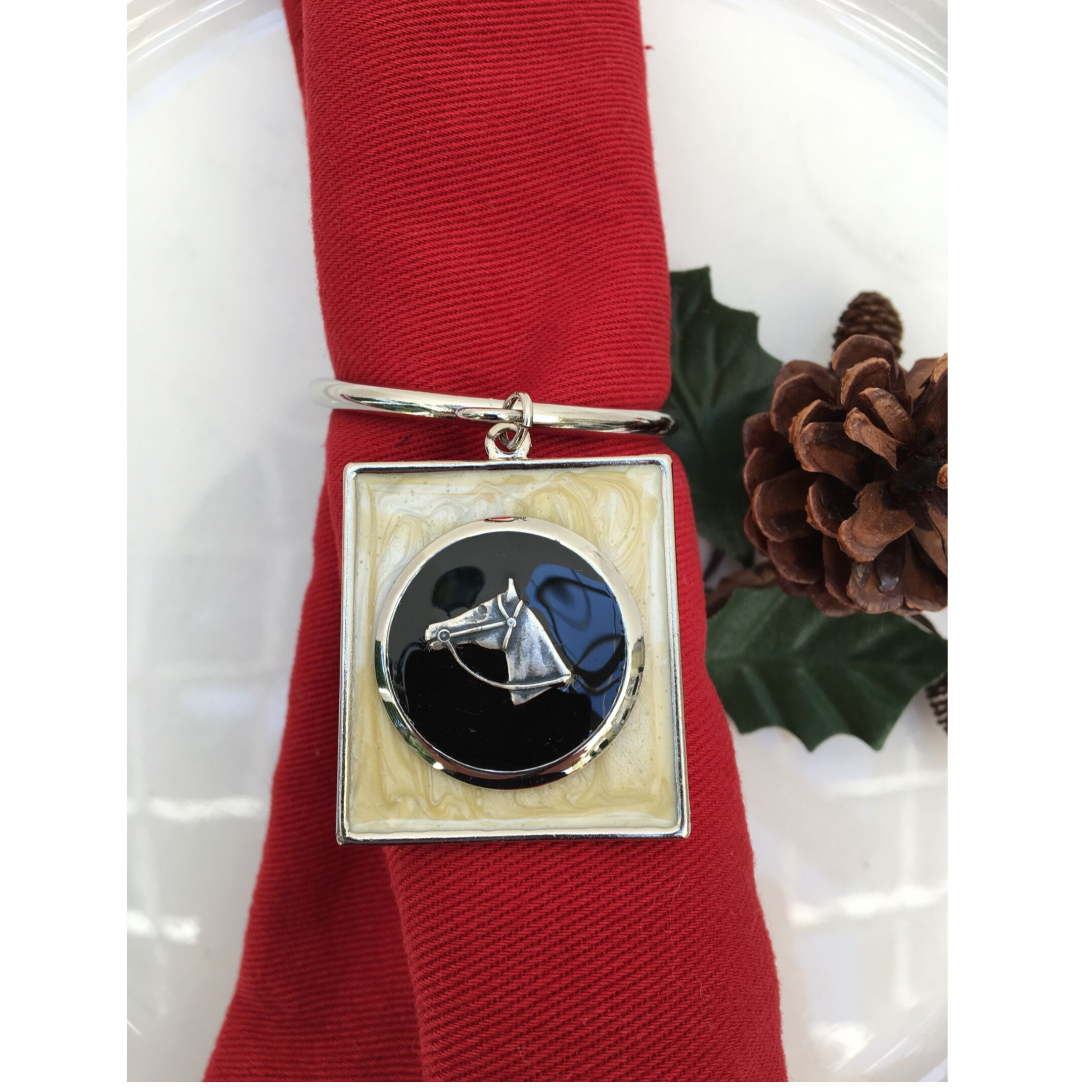 Napkin Ring Equestrian Horse Head Pearl Black Enamel