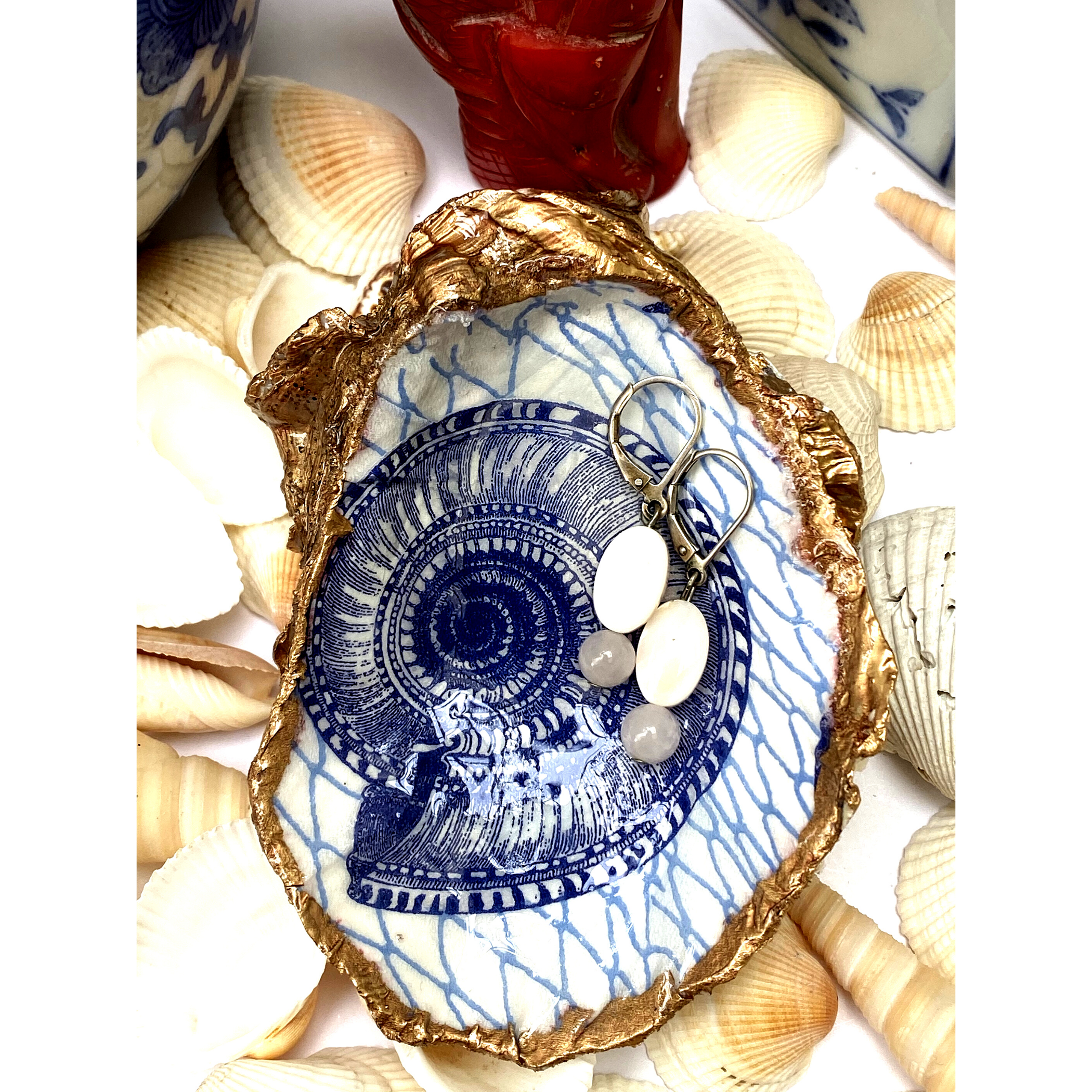 Nautical Art Blue Chinoiserie Ring Dish | Oyster Shell Art