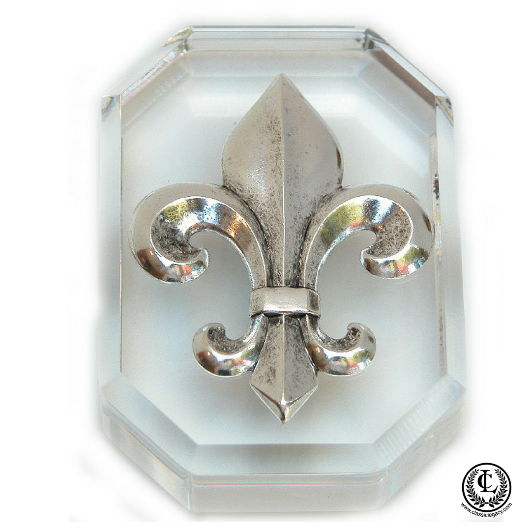 Paperweight, Acrylic Octagon,  Silver Fleur de Lis