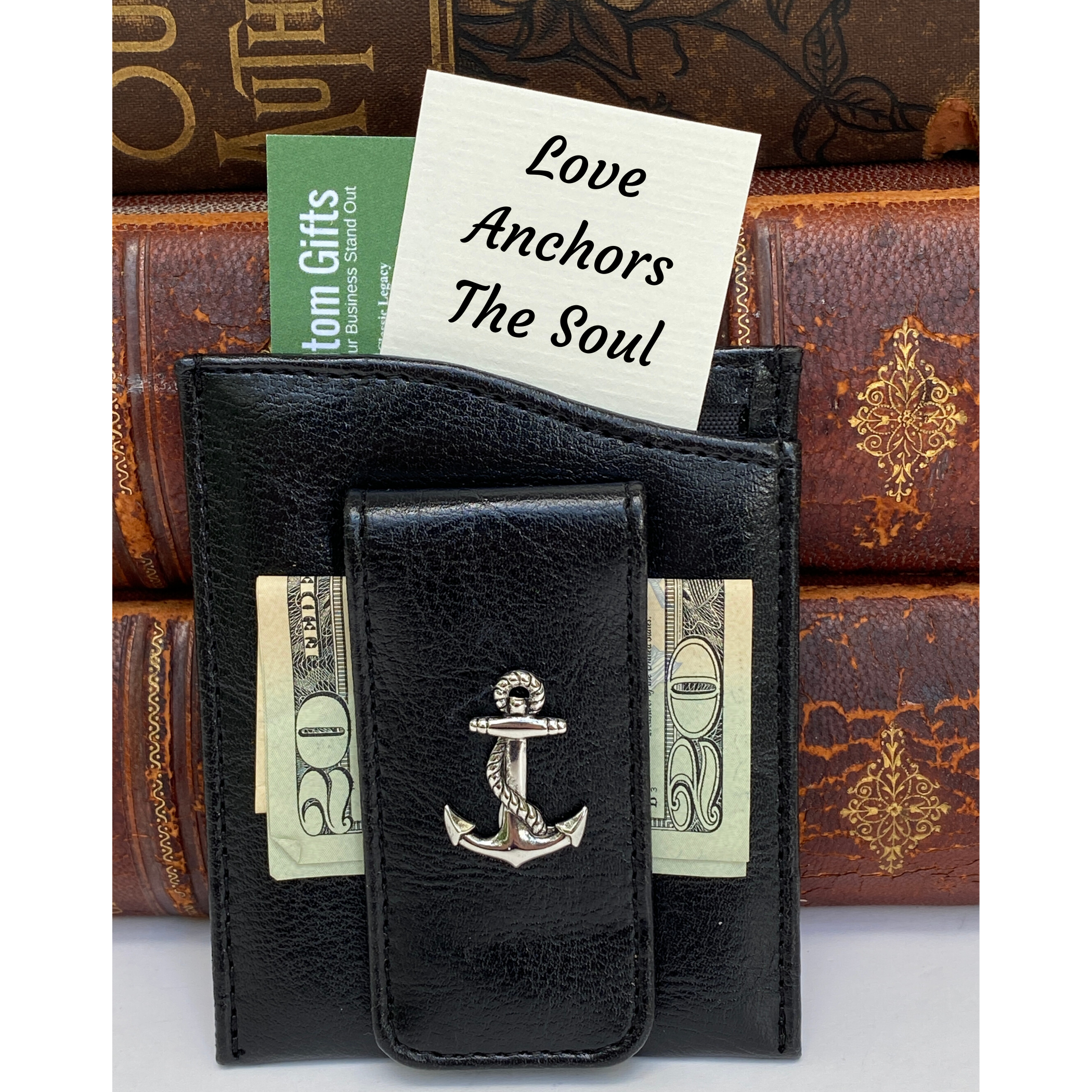 Money Clip, Anchor, Black Faux Leather, Gift for Him