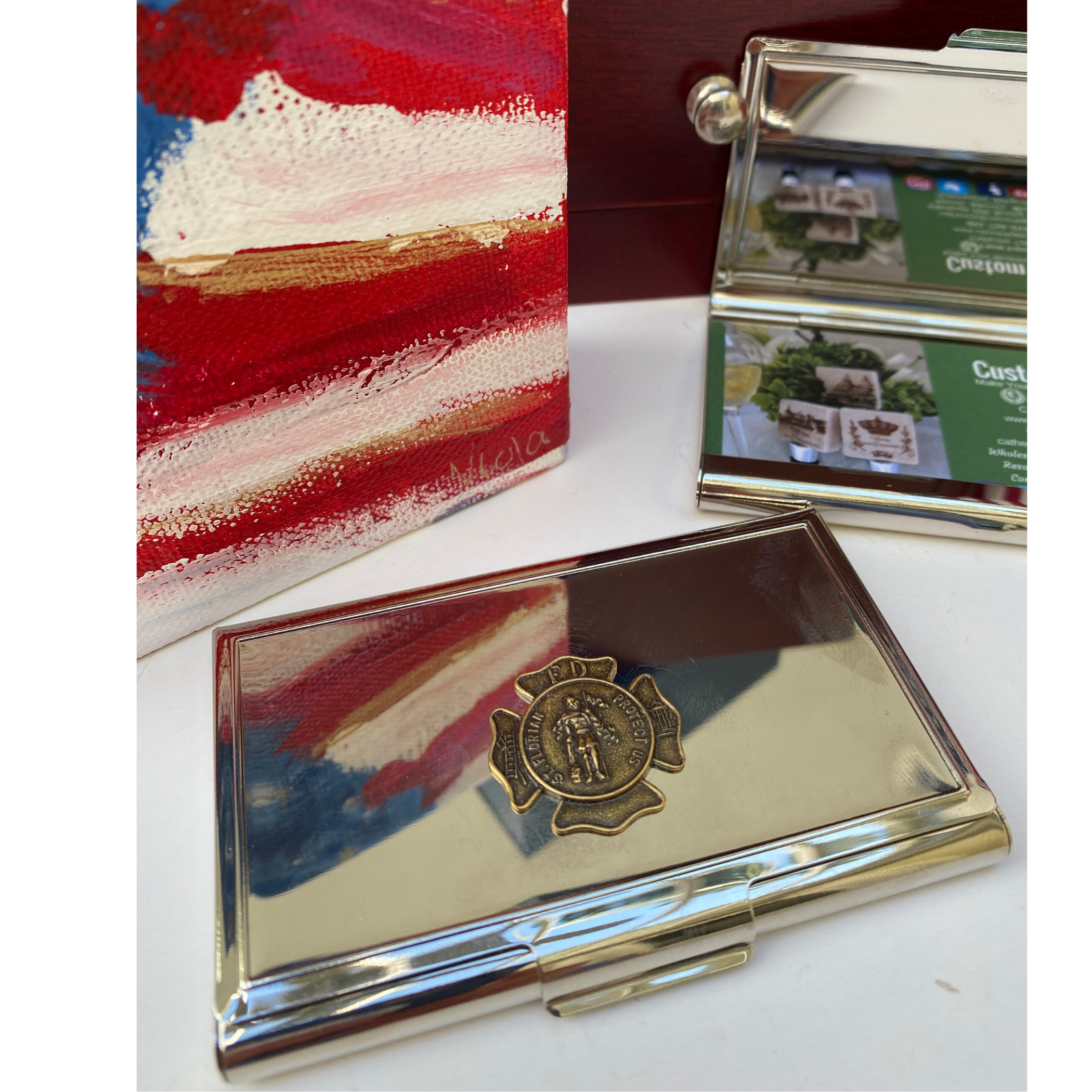 Firefighter Theme Business Card Holder, Saint Florian Medallion