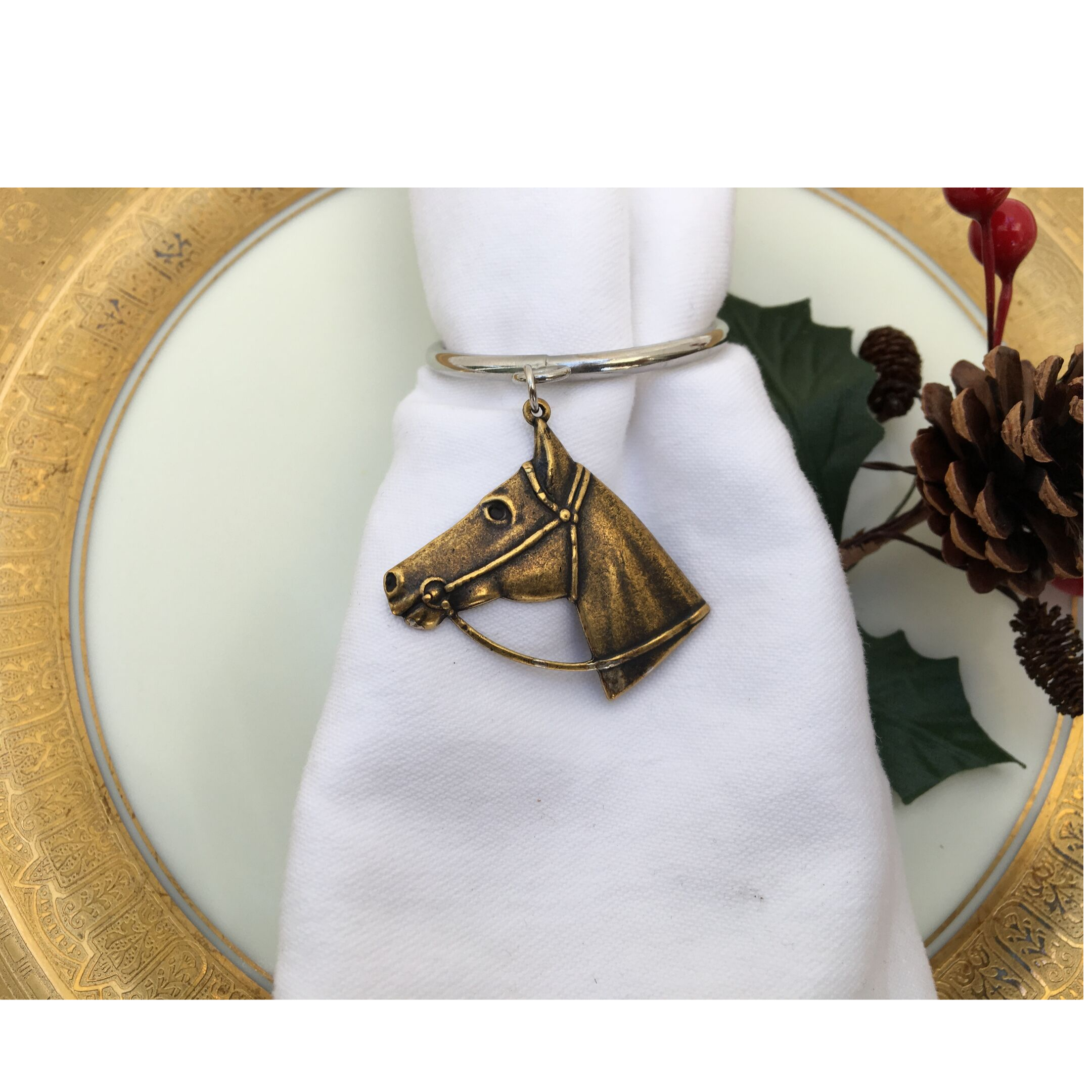 Napkin Ring, Equestrian Antique Gold Horse Head, Gift for Horse Lover