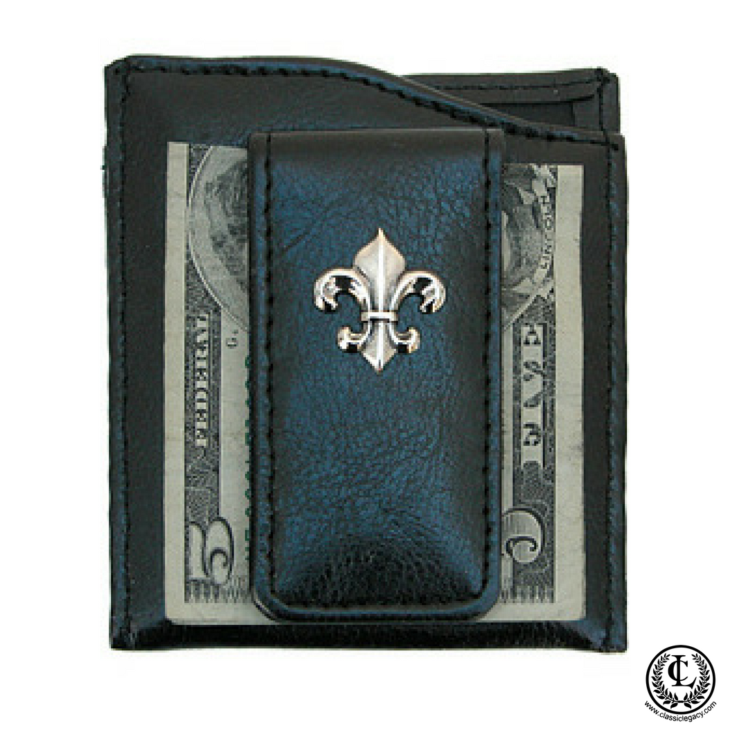 Money Clip Black Faux Leather Silver Fleur de Lis