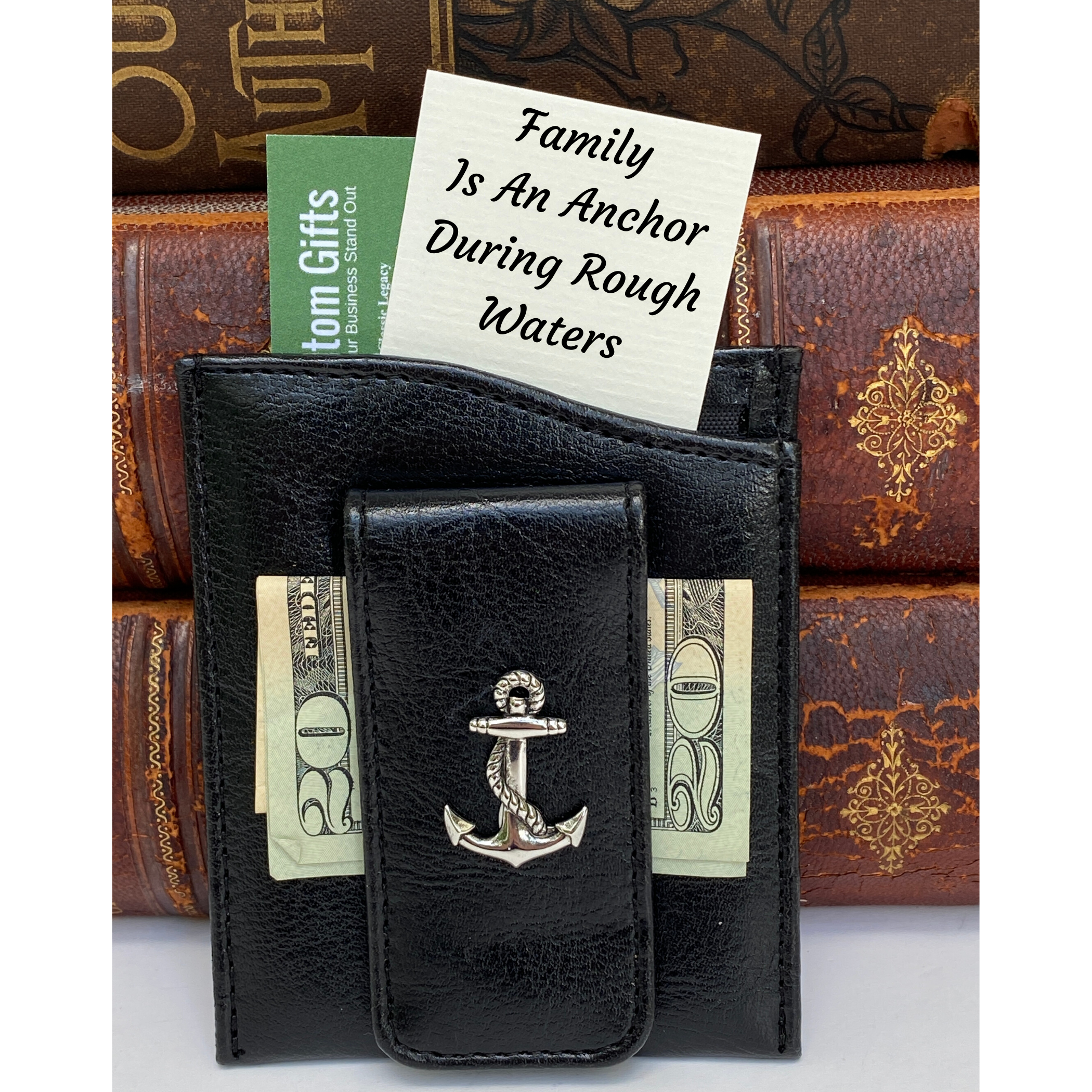 Money Clip, Anchor, Black Faux Leather, Gift for Him