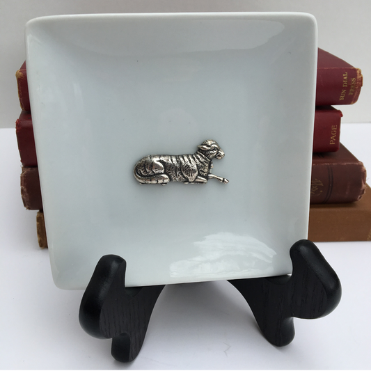 Trinket Tray, White Porcelain Dish, Silver Lamb Medallion