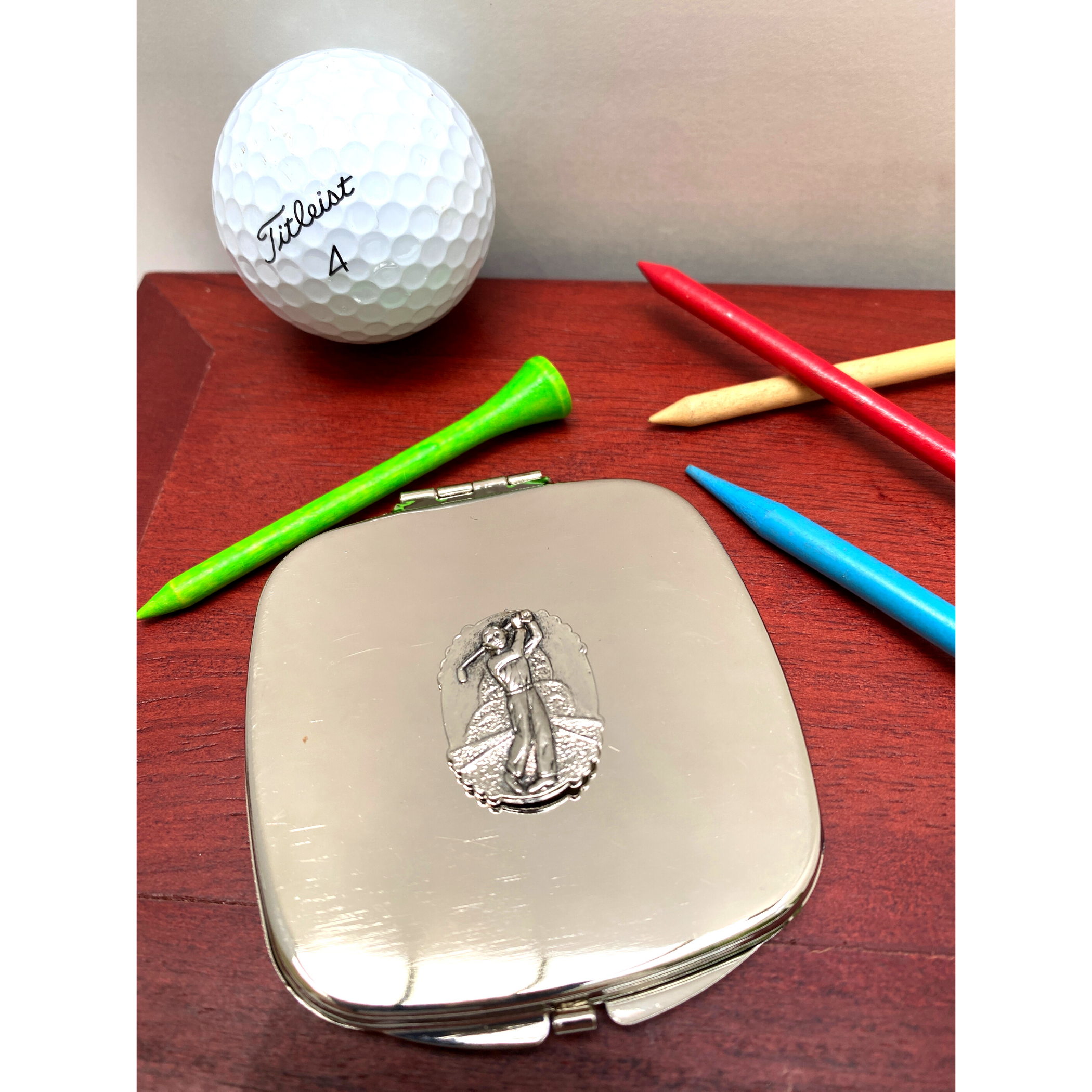 Purse Mirror, Silver, Two Mirrors, Golf Theme