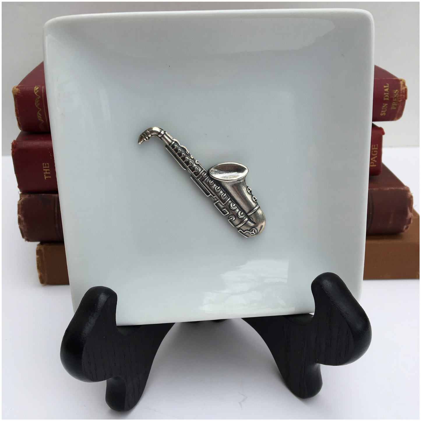 Trinket Tray, White Porcelain,  Silver Saxophone Medallion