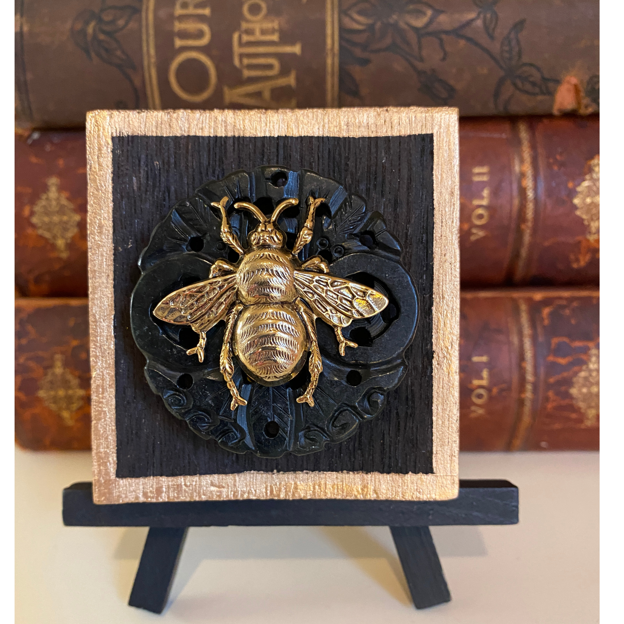 Gold Bee, Wooden Art,  Bourbon Barrel Wood, Carved Jade