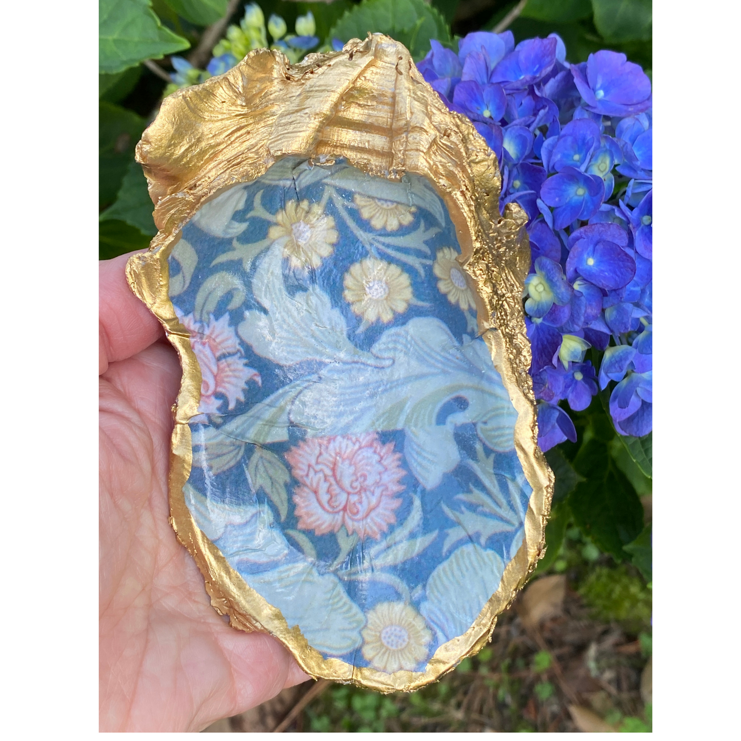 Oyster Shell Art, Vintage William Morris Design, Blue with Flowers, Handcrafted Home Decor