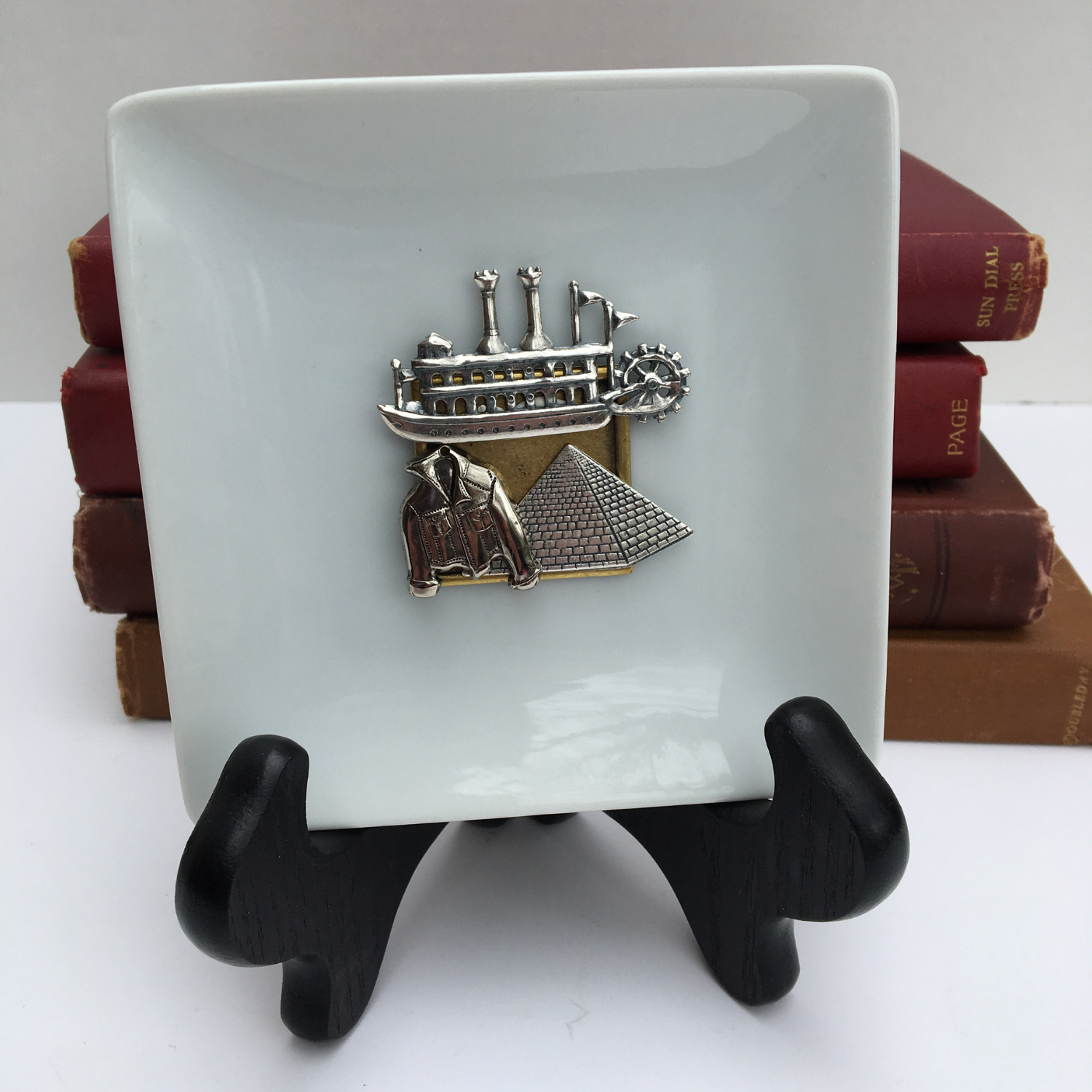 Trinket Tray, White Porcelain Dish,  Memphis Collage