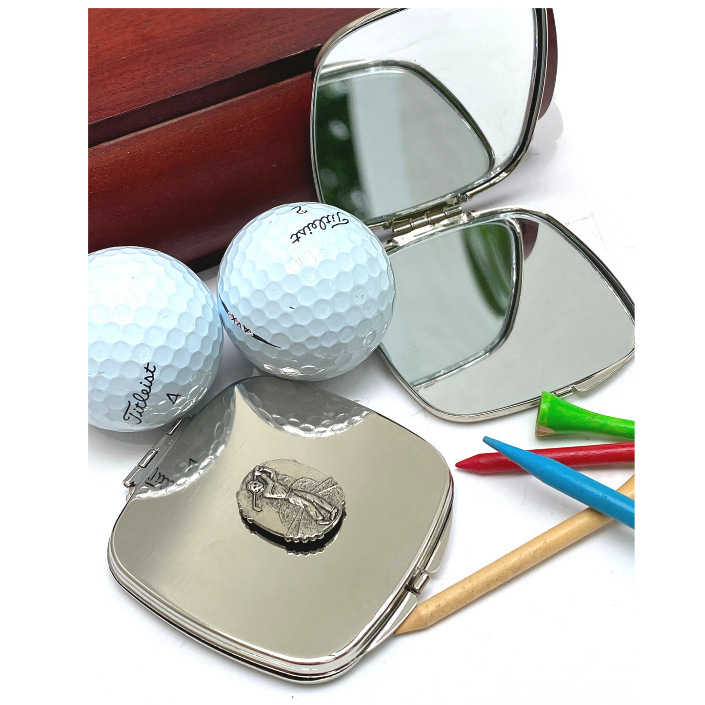 Purse Mirror, Silver, Two Mirrors, Golf Theme